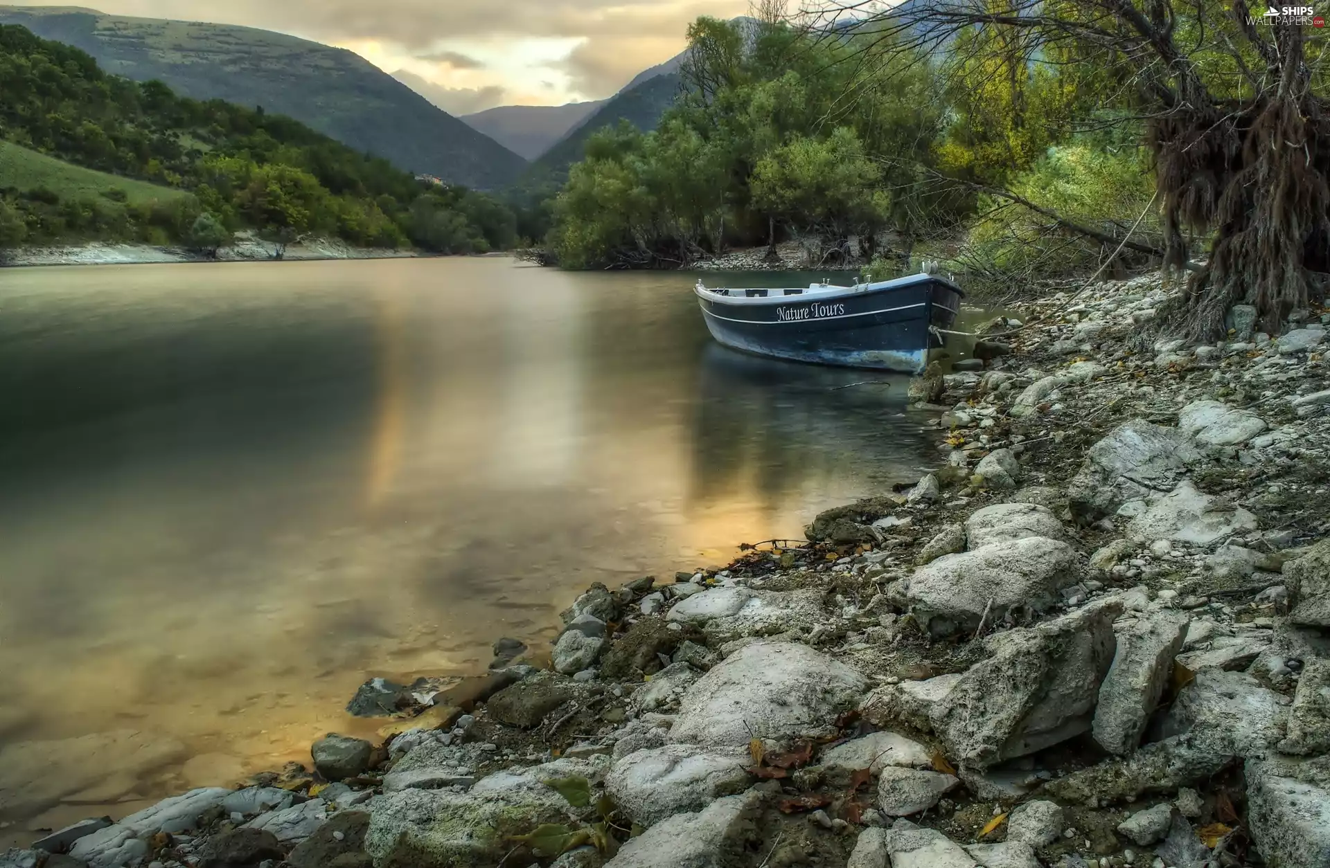 River, Boat, Stones, forest, ##, Mountains