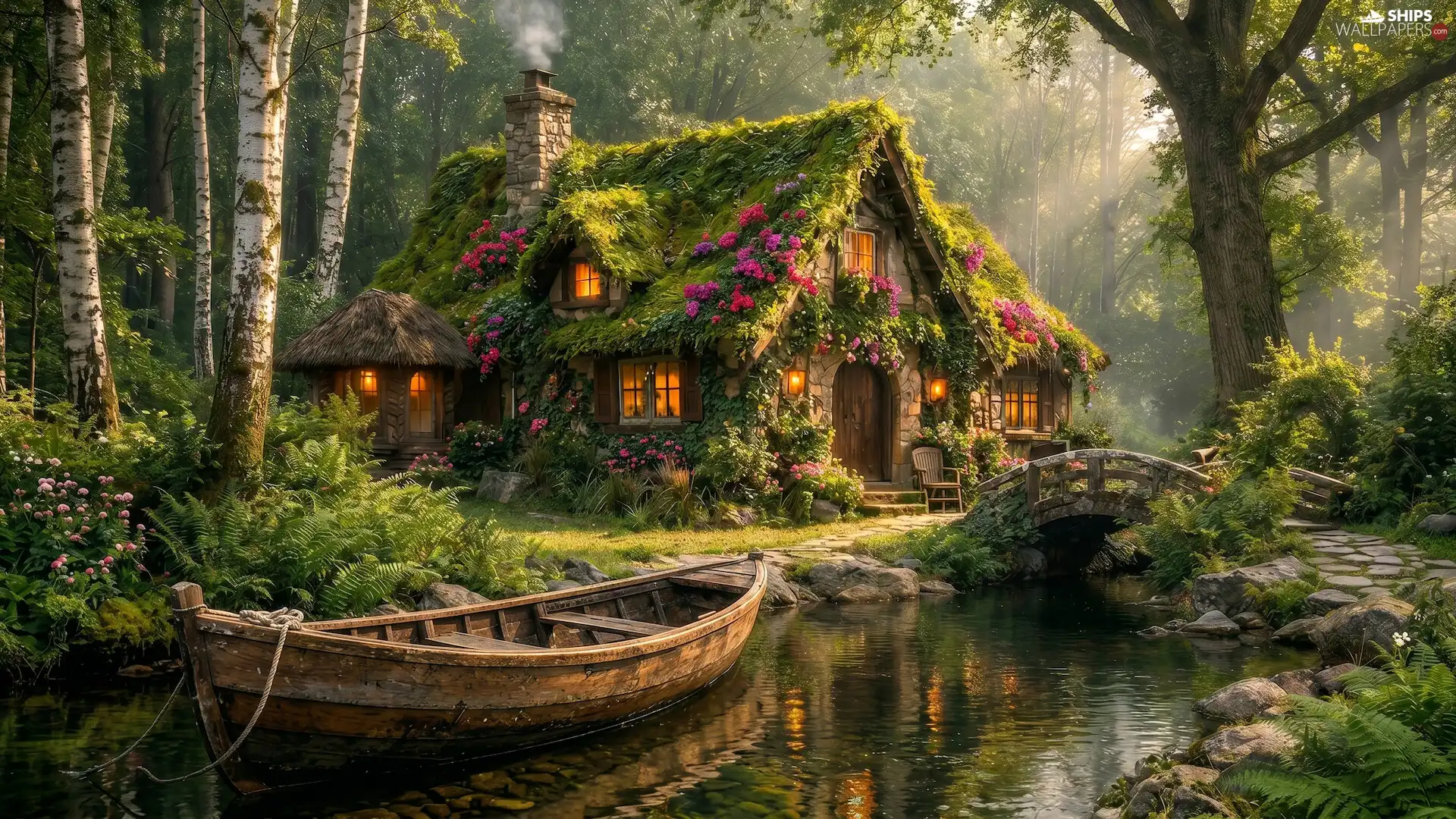 River, trees, house, Boat, the roof, forest, viewes, Ai, bridges, mossy