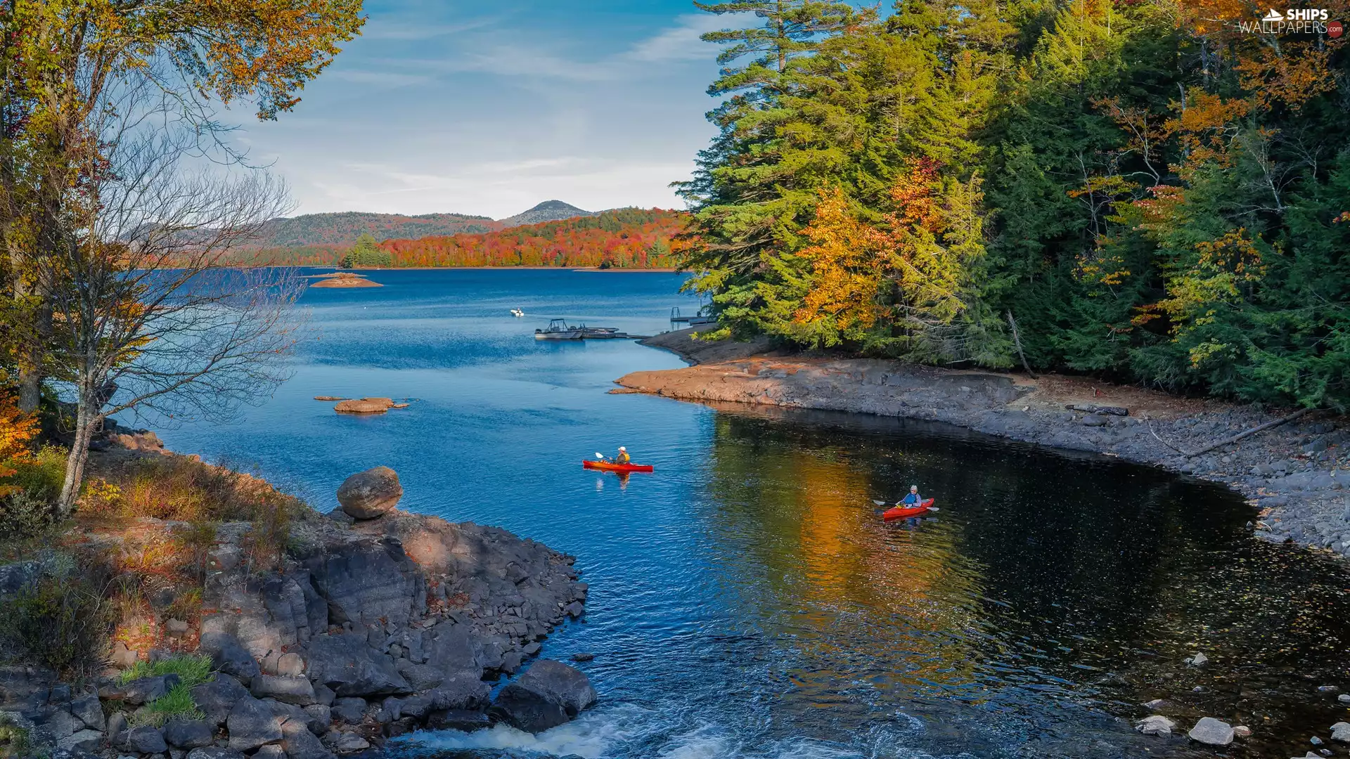 River, Stones, viewes, Kayaks, trees, Mountains, autumn, forest