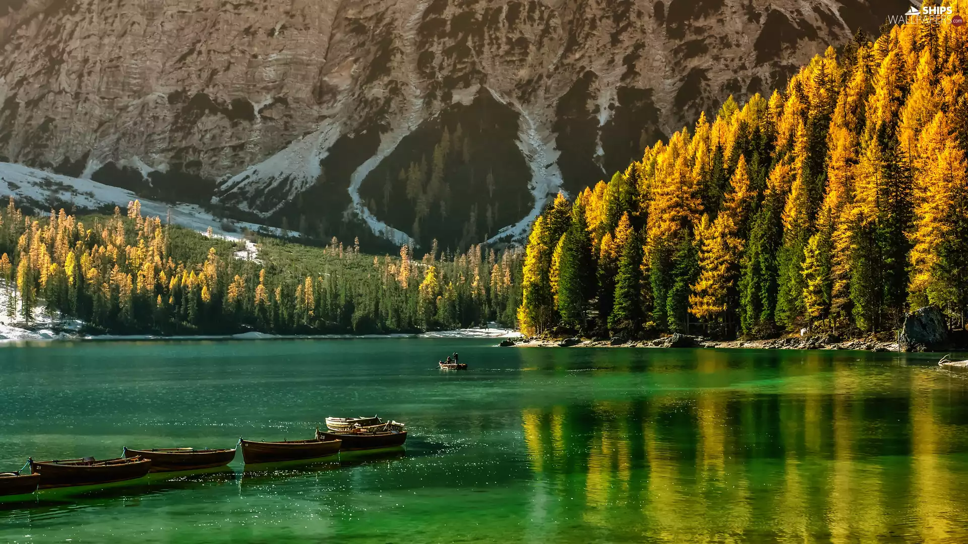 forest, trees, Mountains, viewes, Boats, Pragser Wildsee Lake, Italy