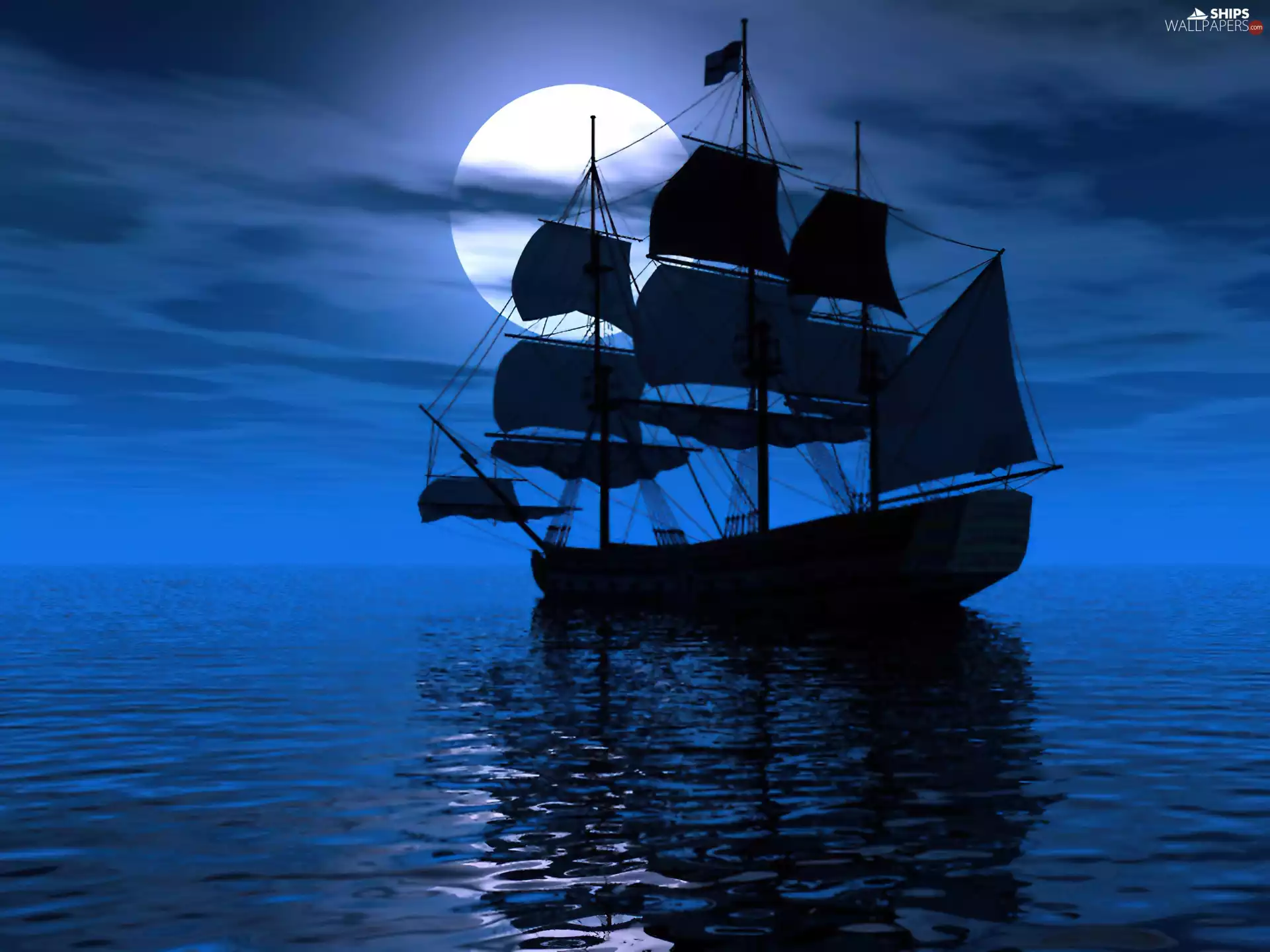 sea, moon, an, full, sailing vessel