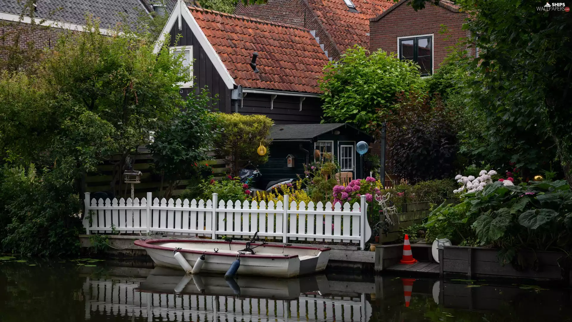 house, River, Boat, garden