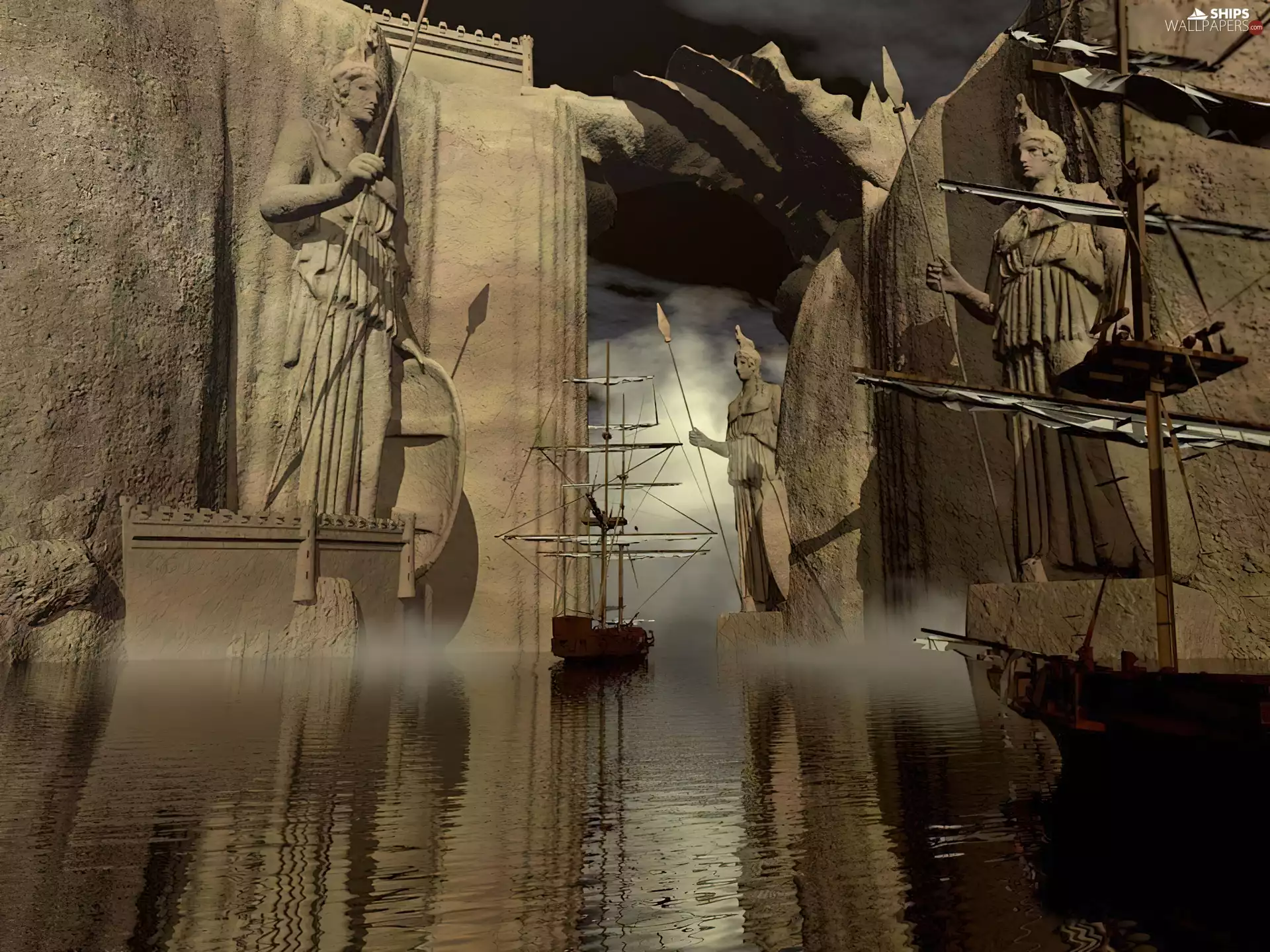 gate, sailboats, statues
