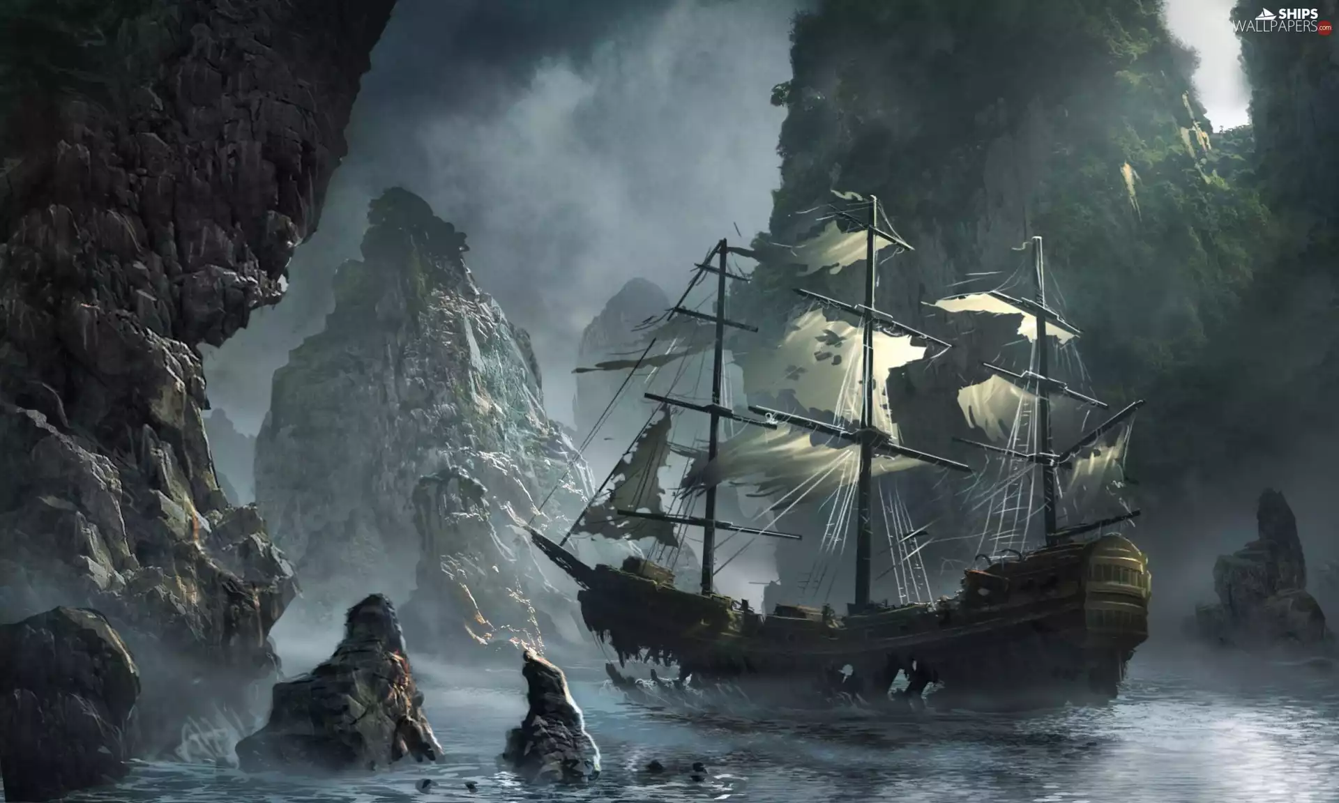 water, sailing vessel, ghost, rocks, Ship