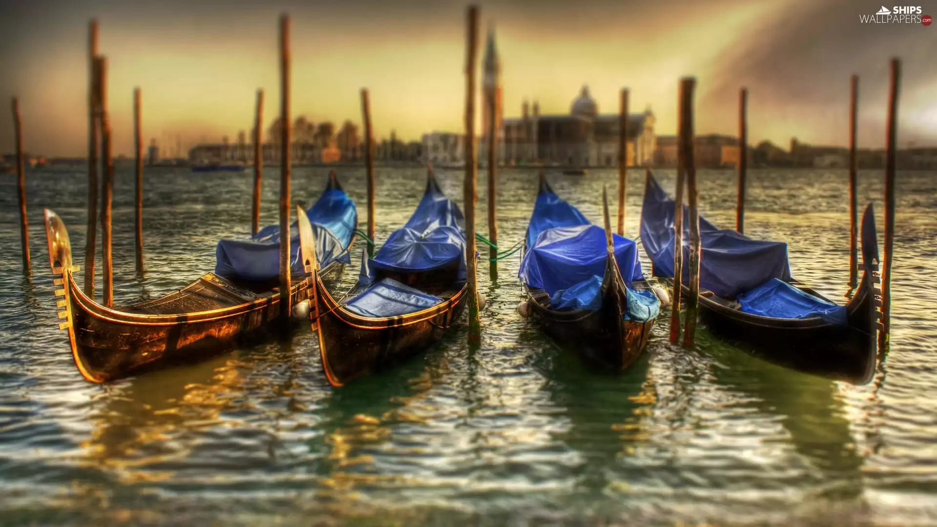 water, Gondolas, west, sun, clouds