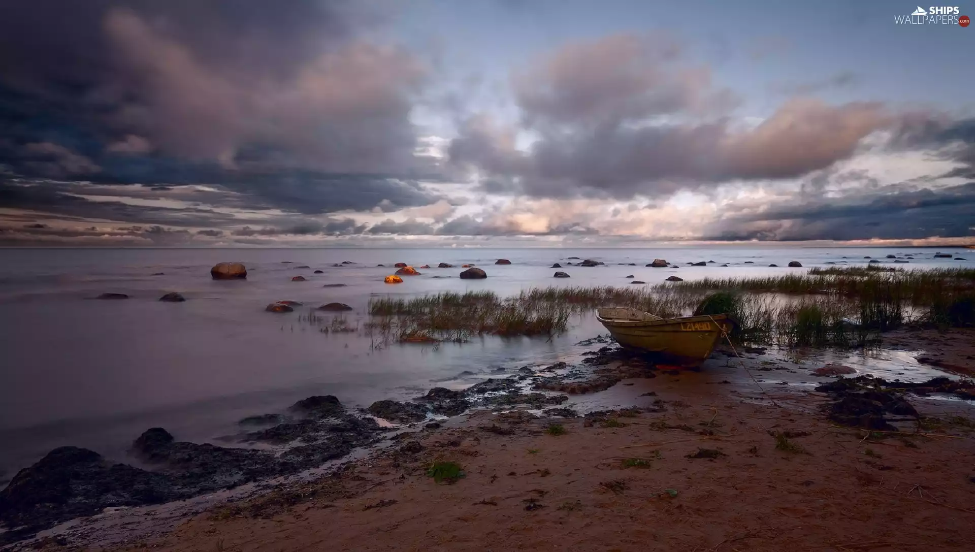 Boat, lake, Sand, grass, Stones, clouds
