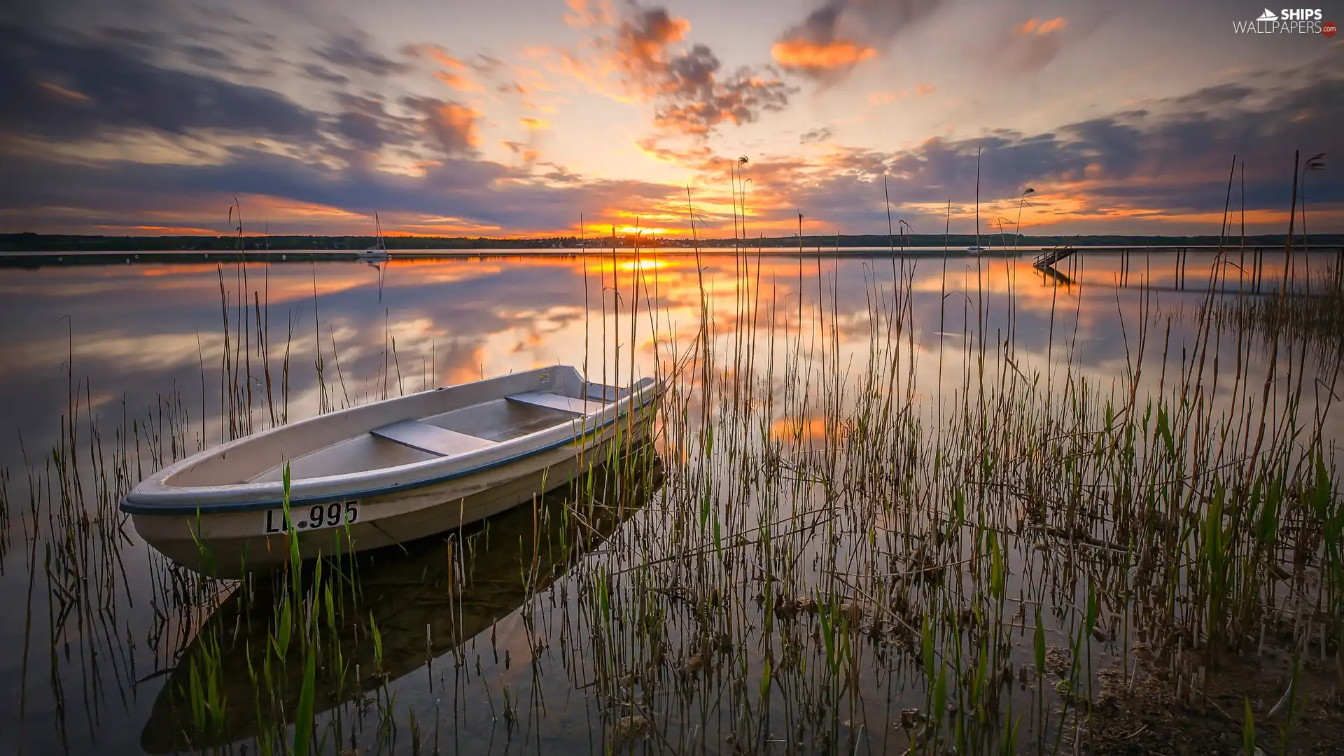Boat, grass, Great Sunsets, lake
