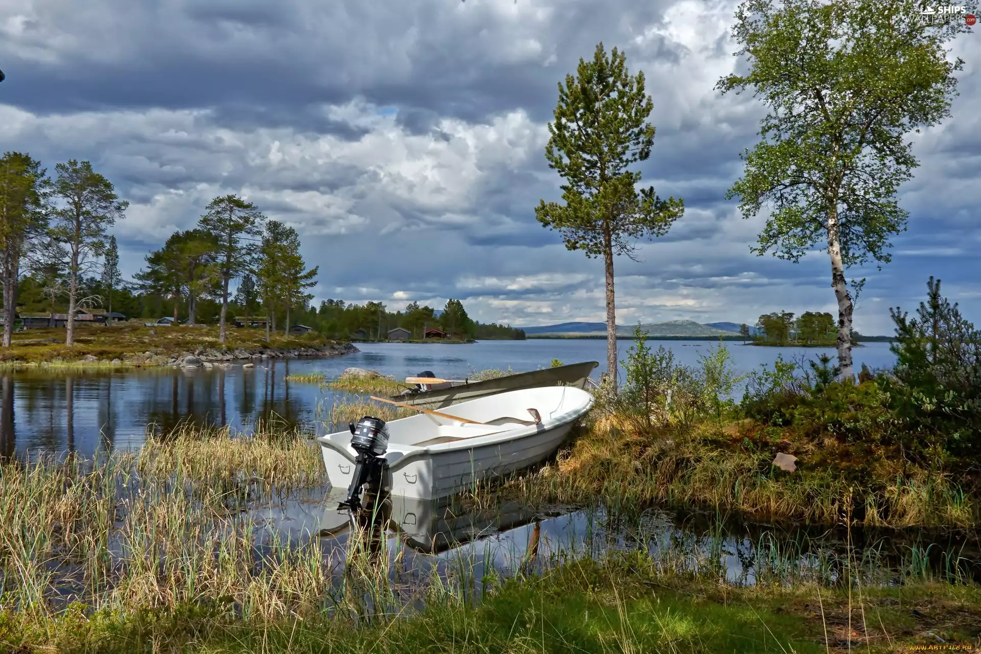 grass, Boat, lake