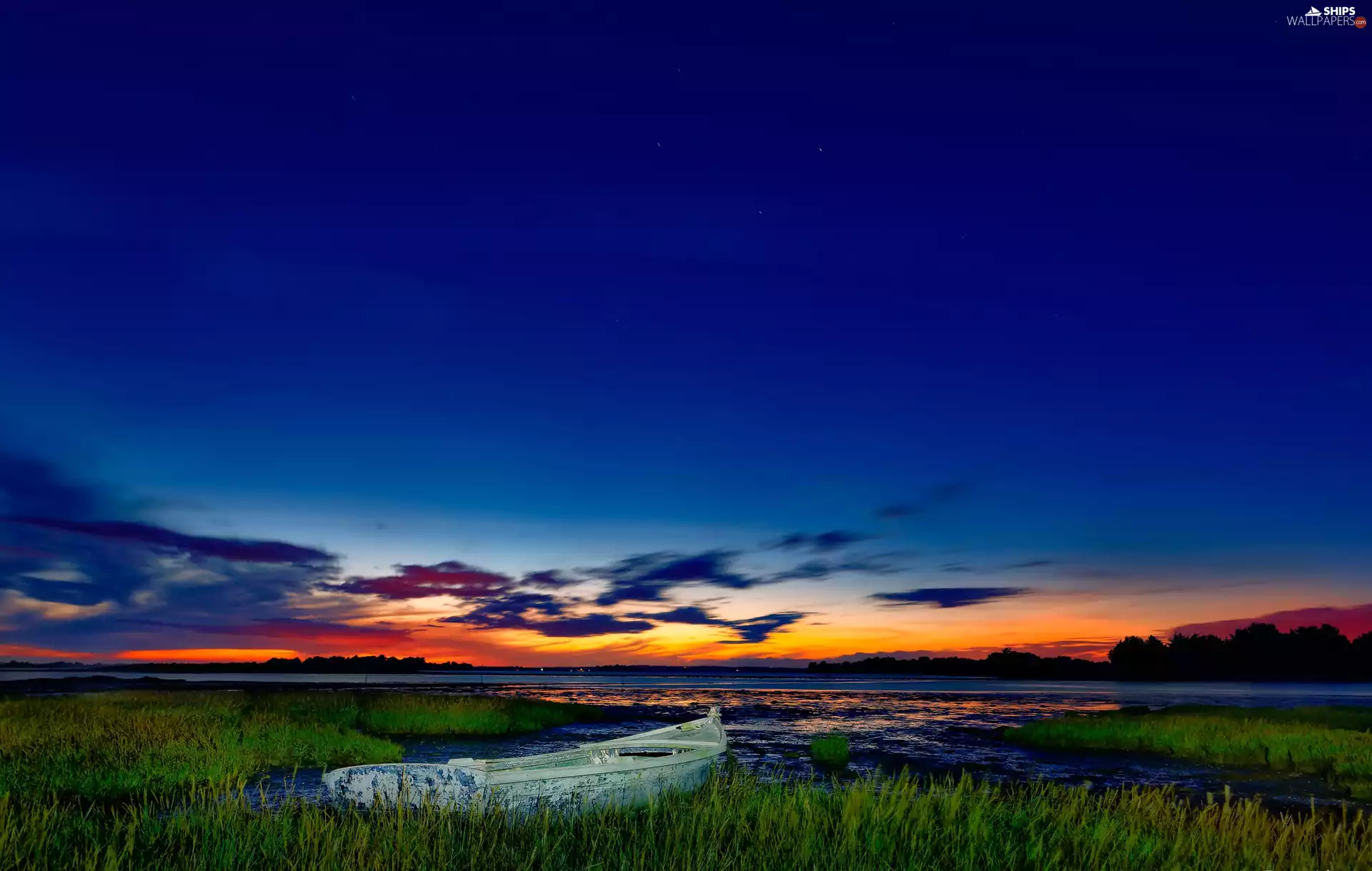 Great Sunsets, twilight, grass, Boat, lake