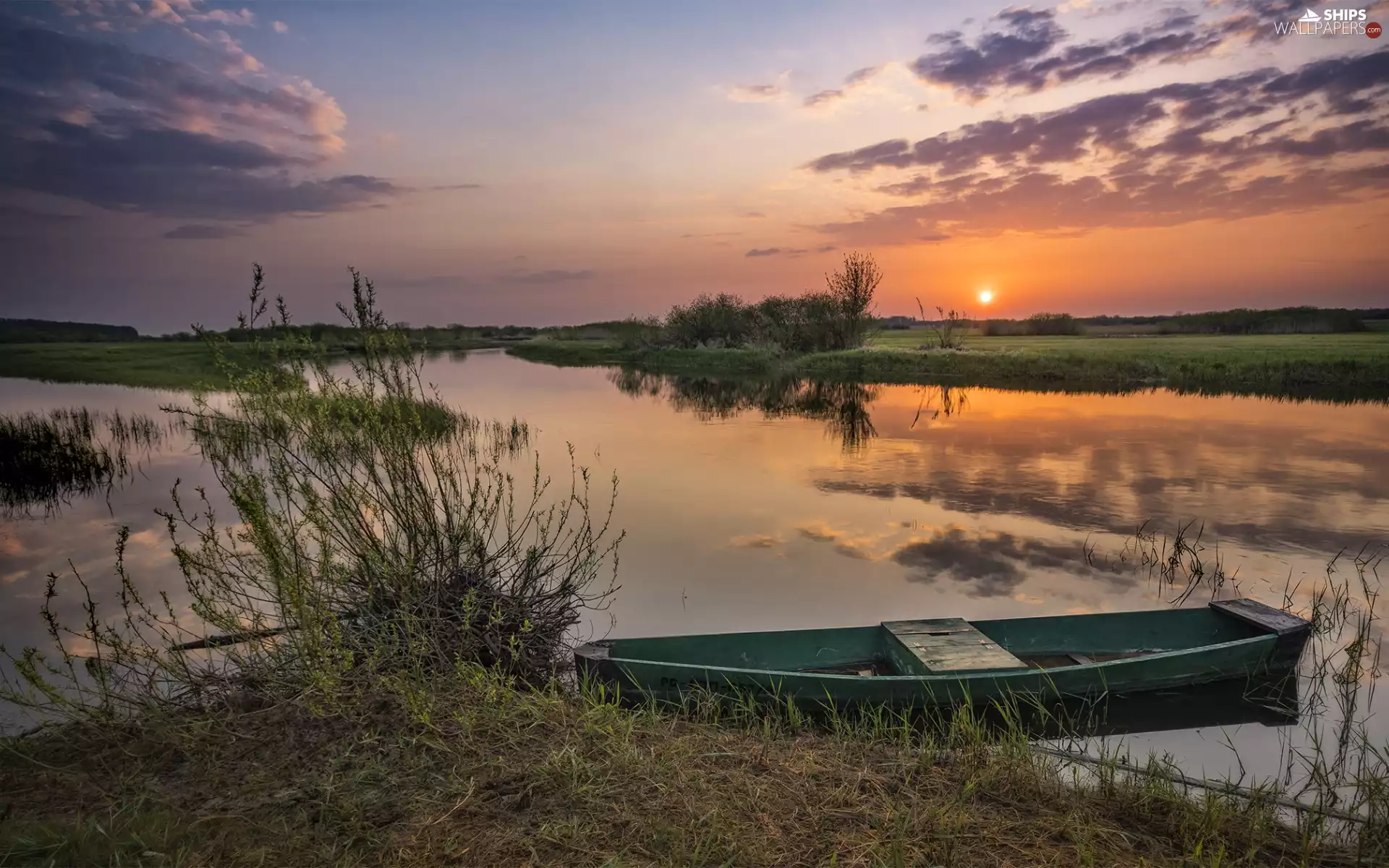 Boat, Sunrise, viewes, grass, trees, River