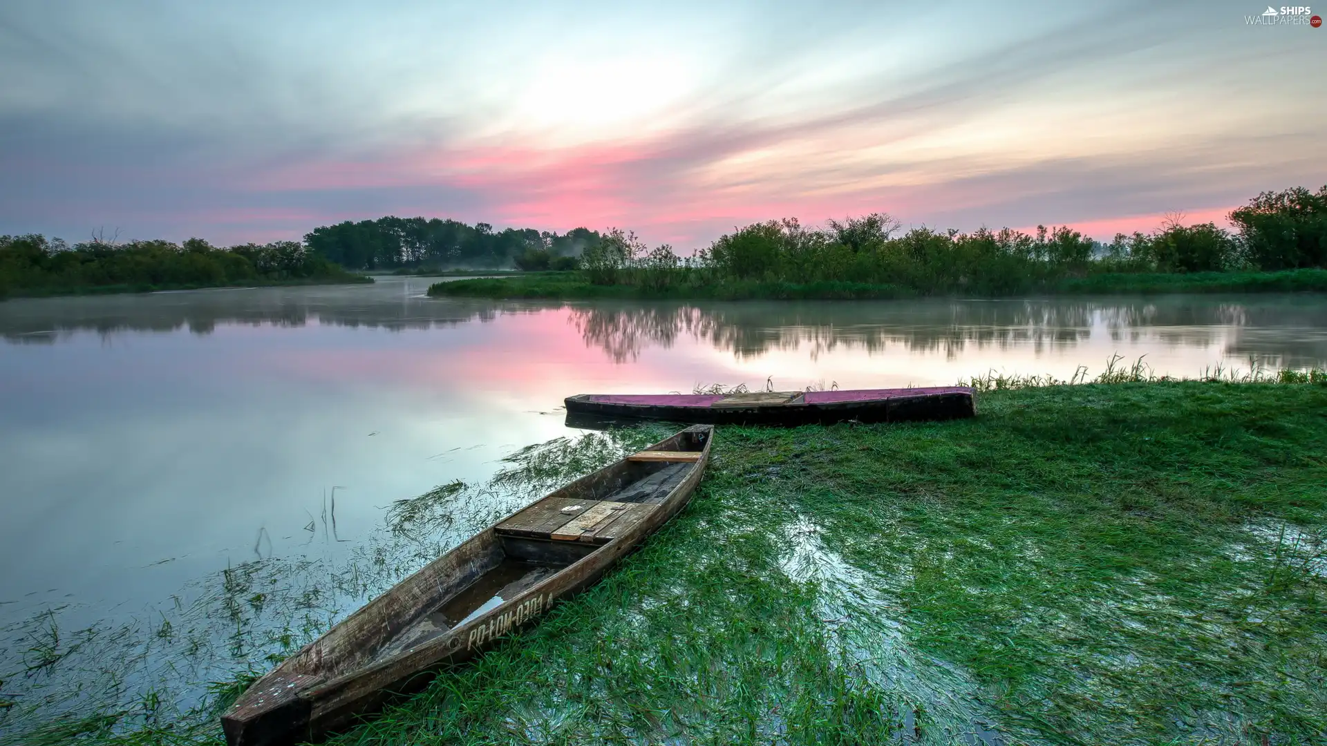 Two, dawn, River, grass, boats, Sunrise