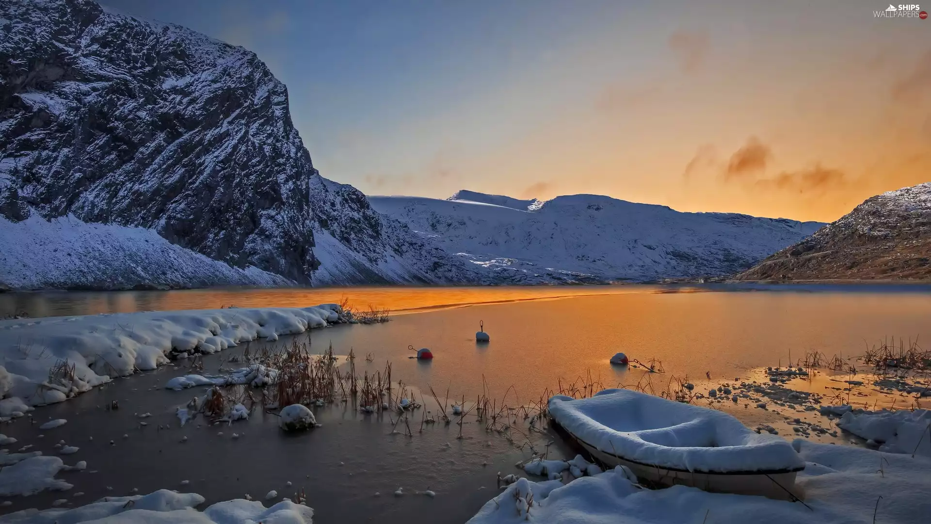 lake, winter, Boat, Great Sunsets, Mountains, snow