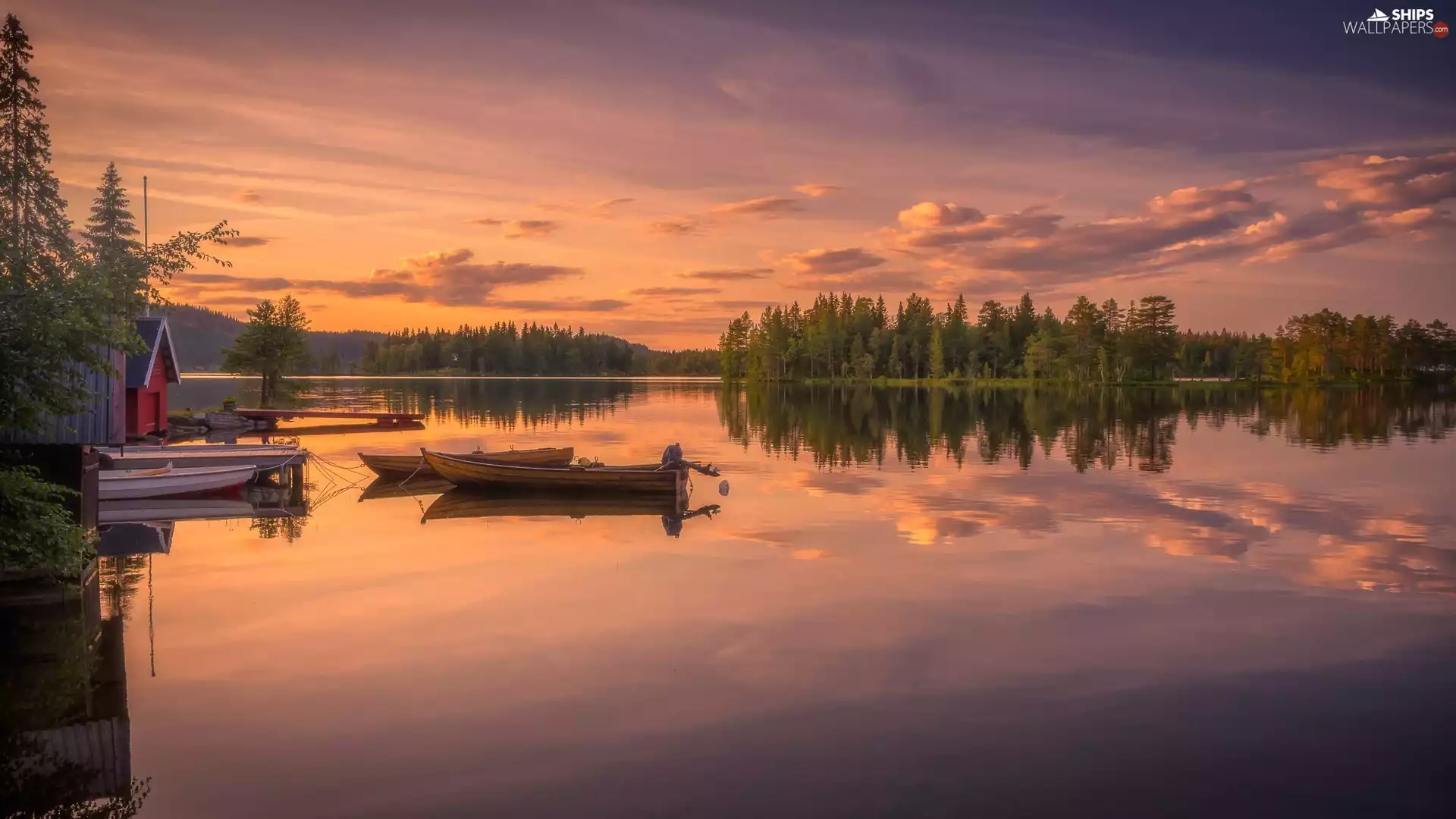 lake, Norway, boats, Great Sunsets, forest, Ringerike