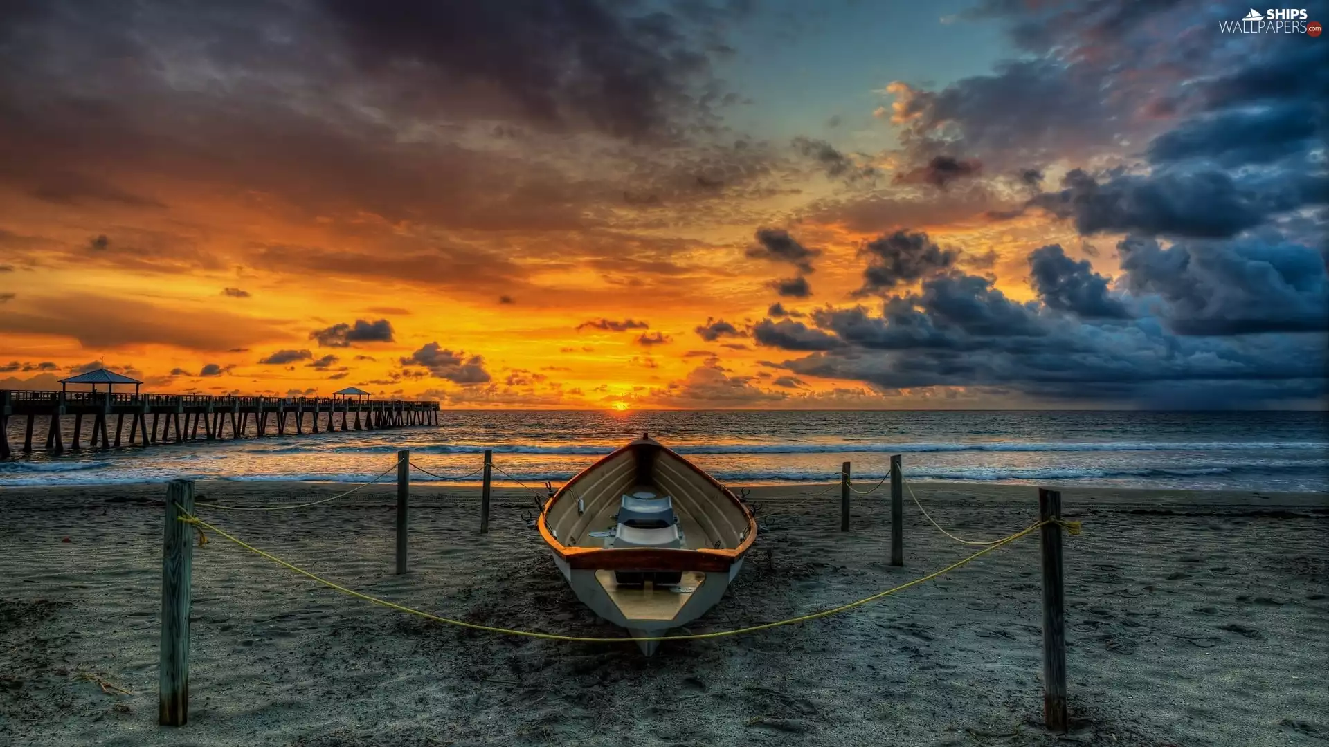 pier, Boat, clouds, Great Sunsets, sea, Beaches