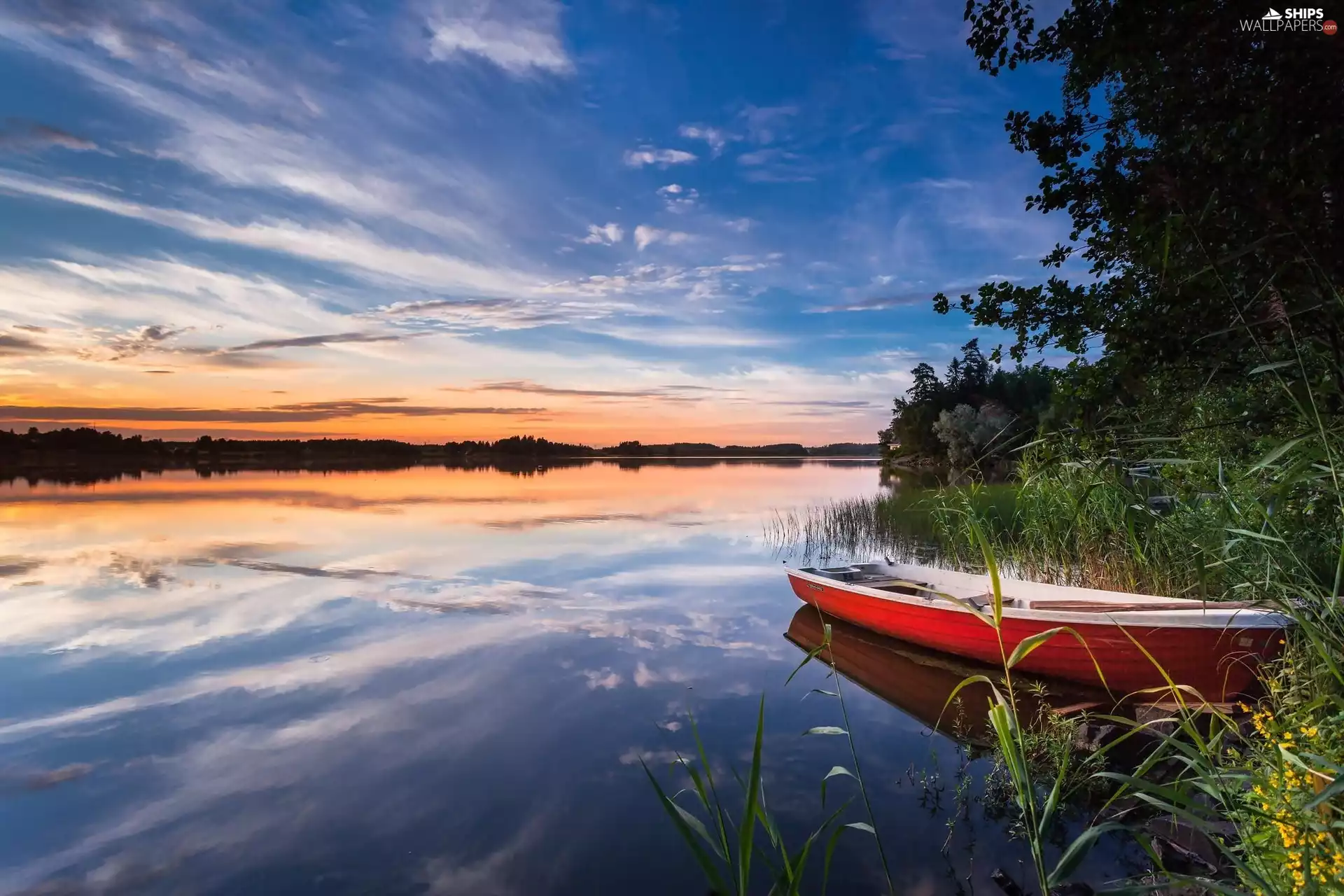 trees, lake, grass, Great Sunsets, viewes, Boat