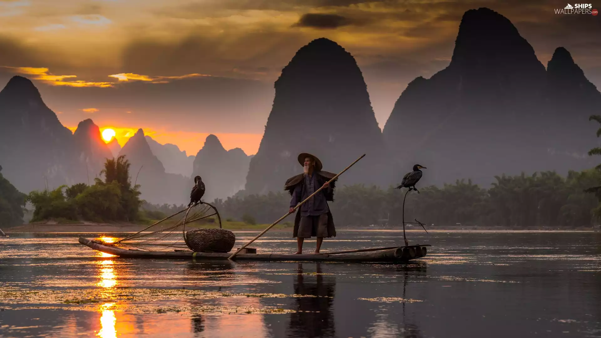 Boat, River, Mountains, Great Sunsets, birds, fisherman