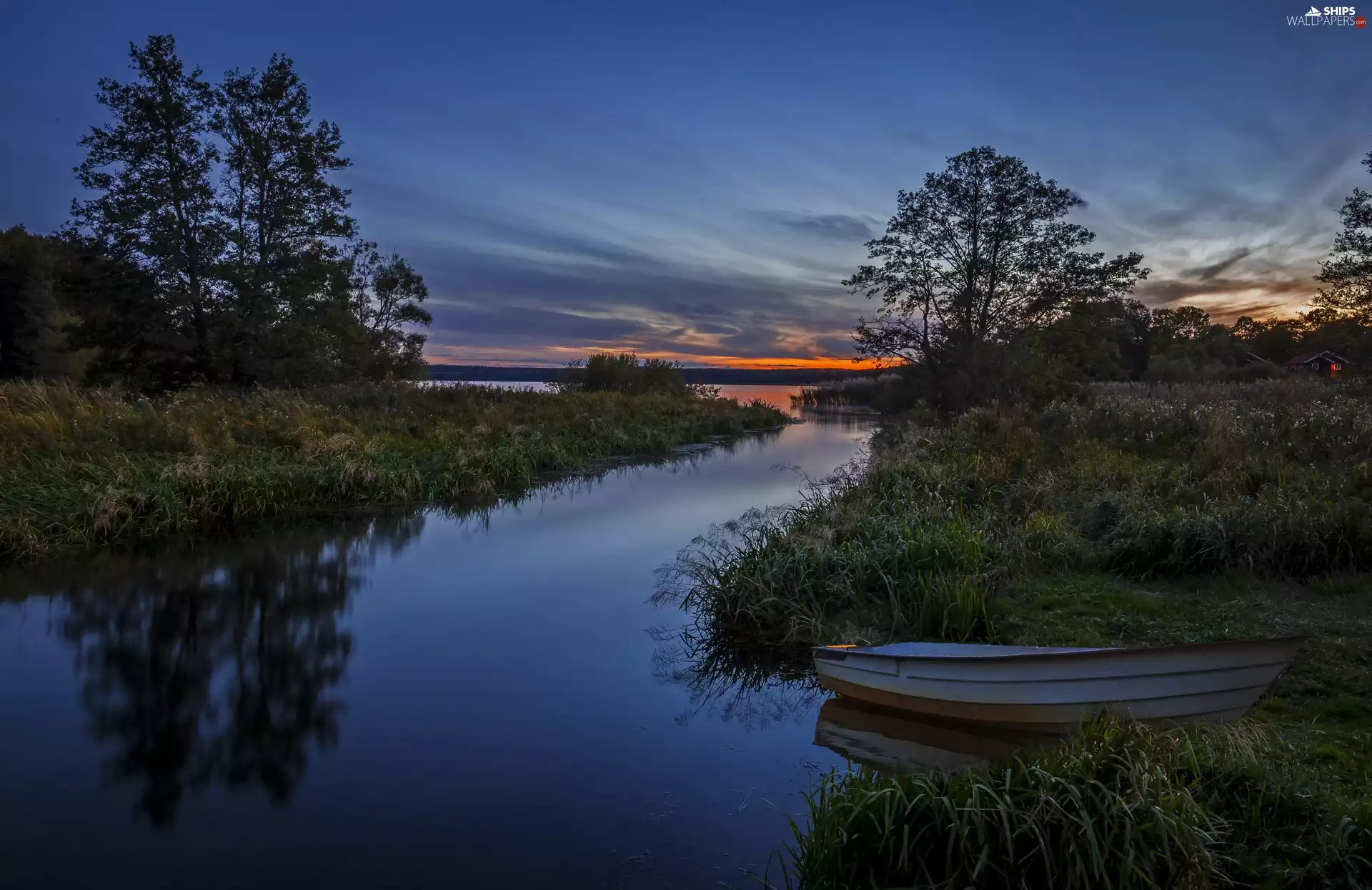 trees, viewes, Boat, Great Sunsets, River