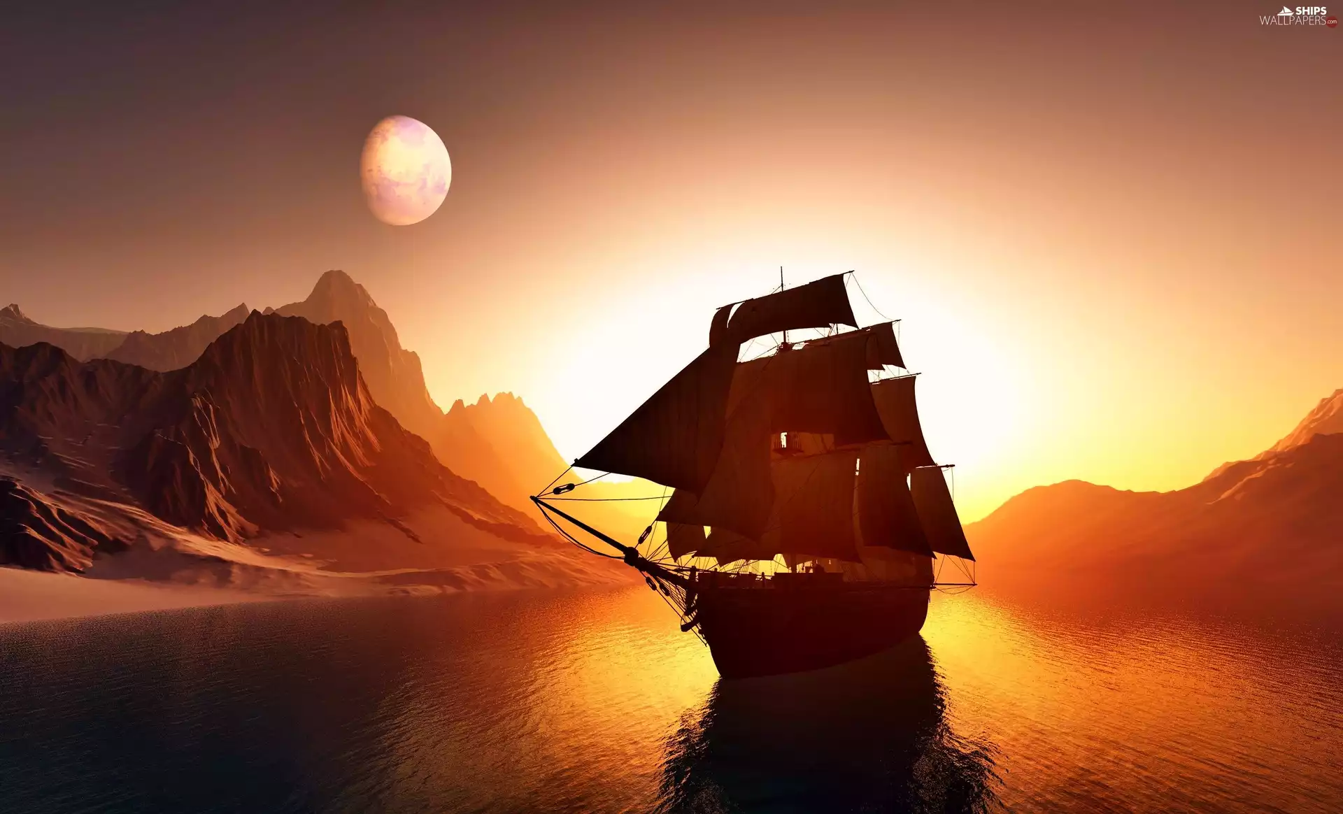 sailing vessel, Mountains, Great Sunsets, sea