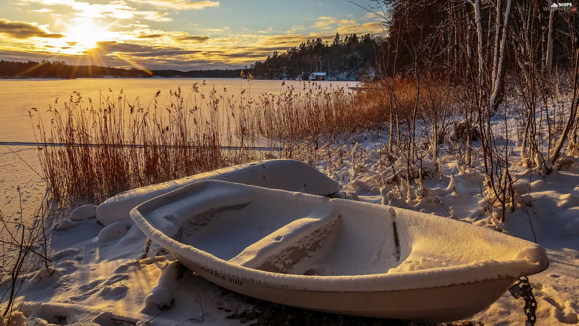 Great Sunsets, lake, rushes, boats, viewes, snow, winter, trees