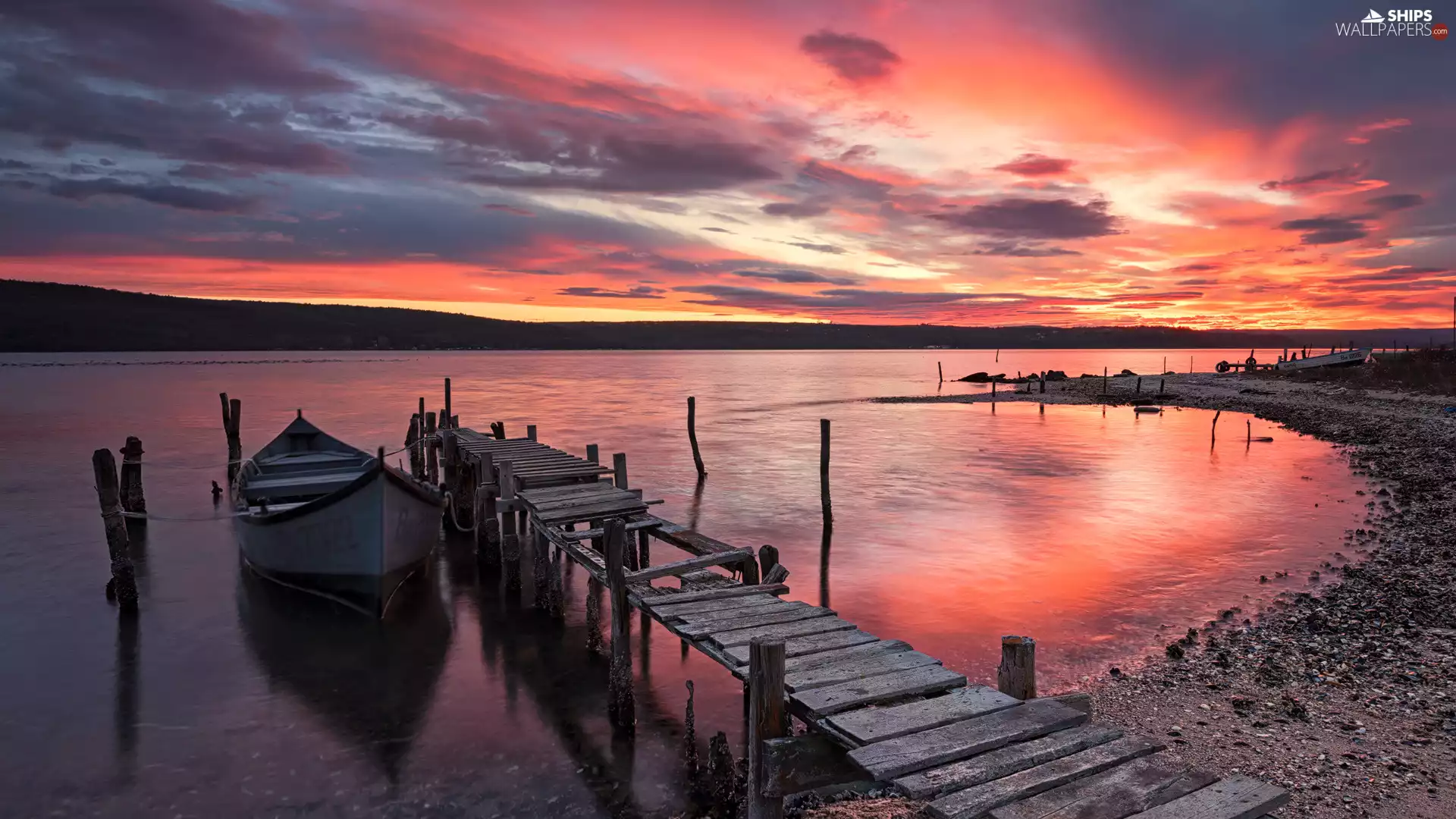 lake, Great Sunsets, Platform, boats