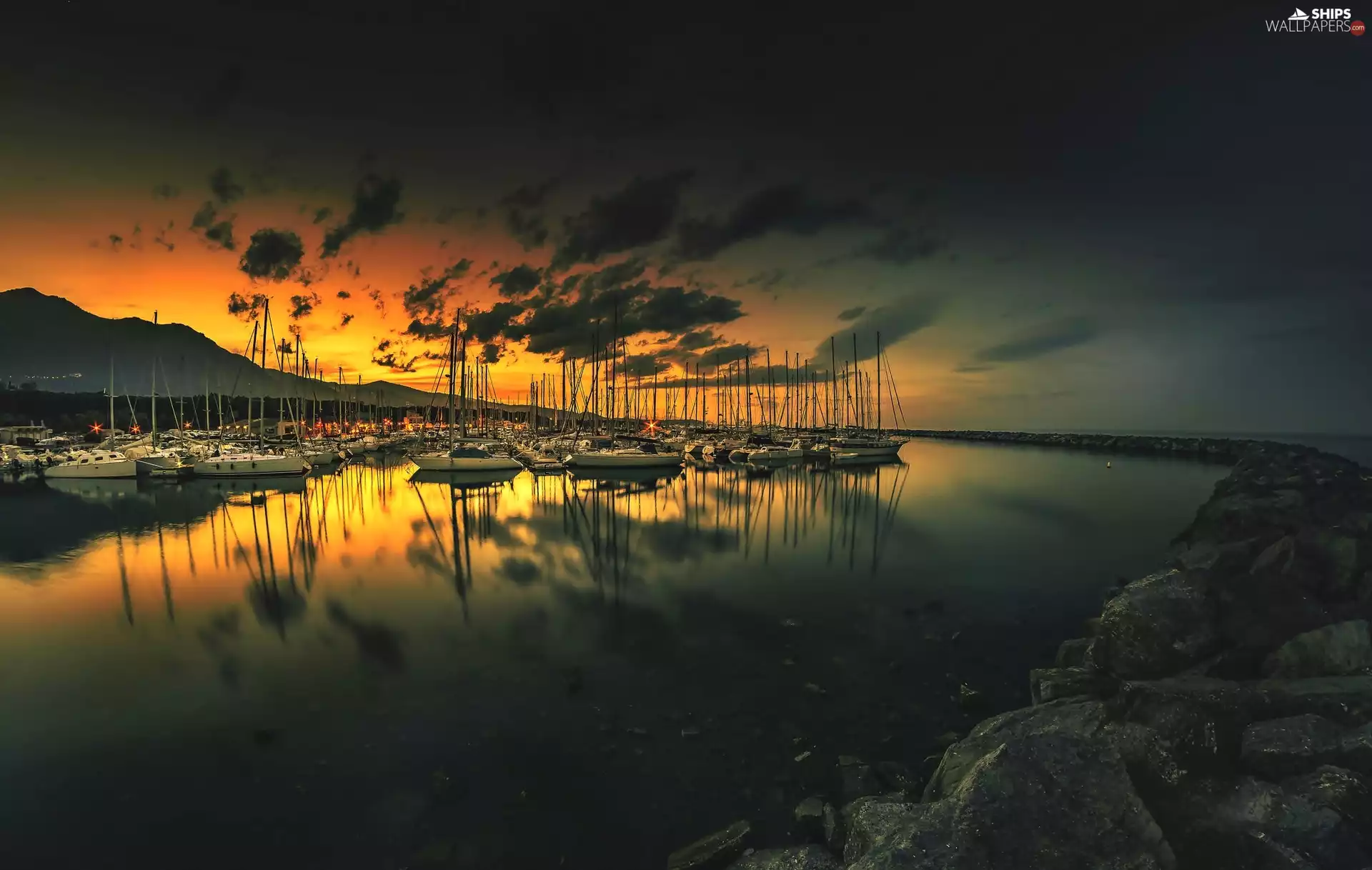 lake, Great Sunsets, Yachts, rocks