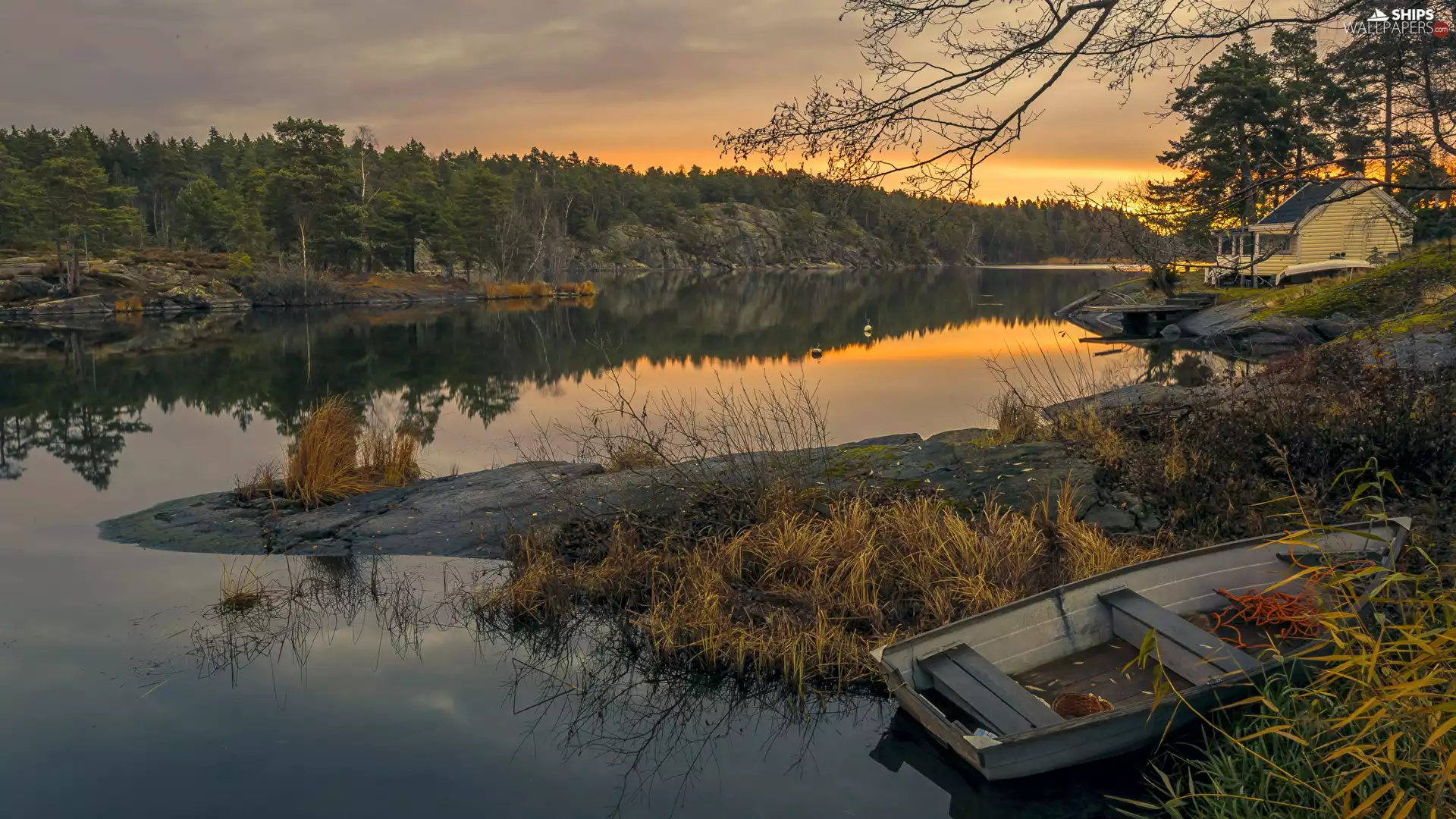 grass, lake, viewes, Great Sunsets, trees, Boat