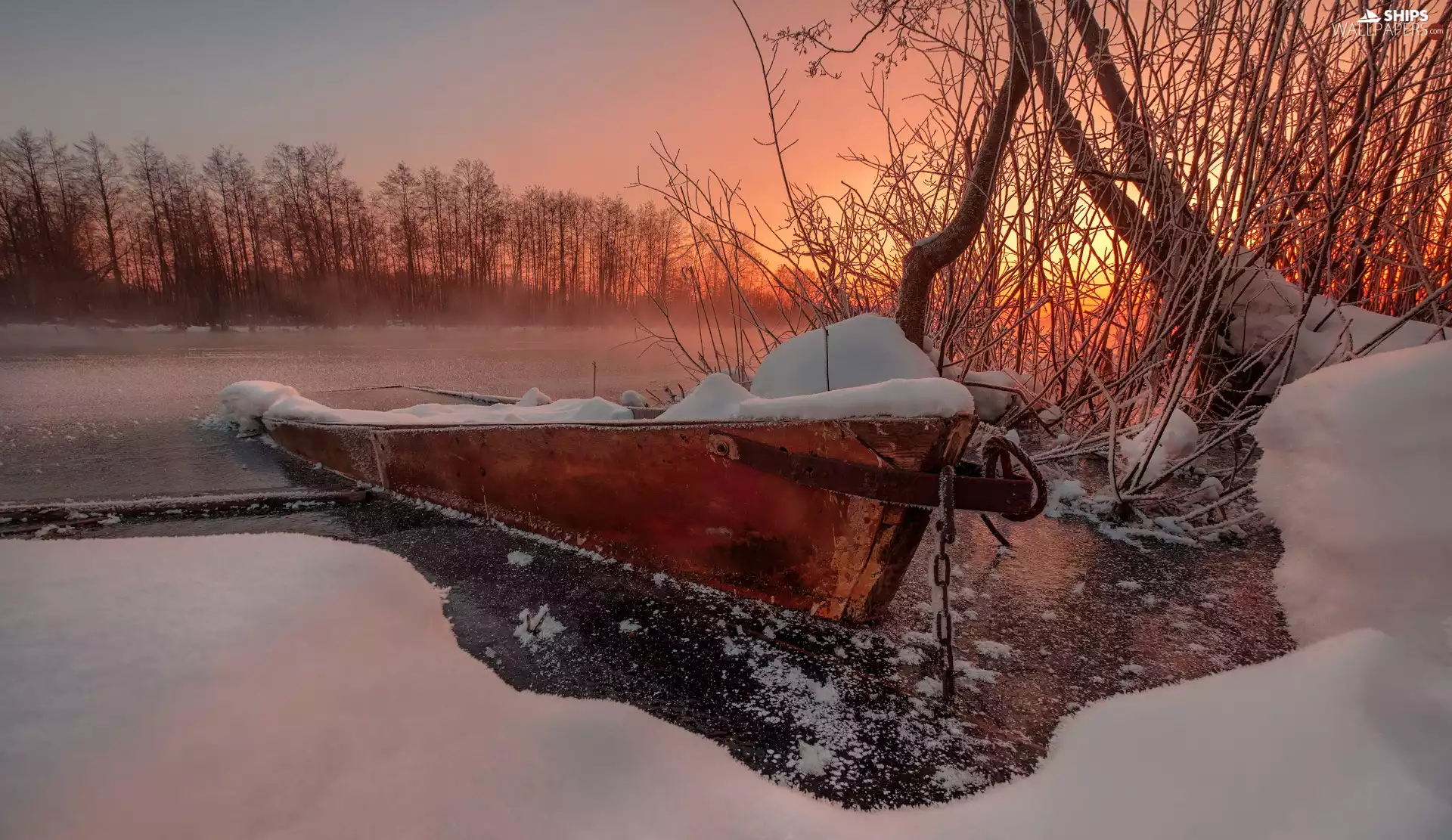 lake, winter, viewes, Great Sunsets, trees, Boat