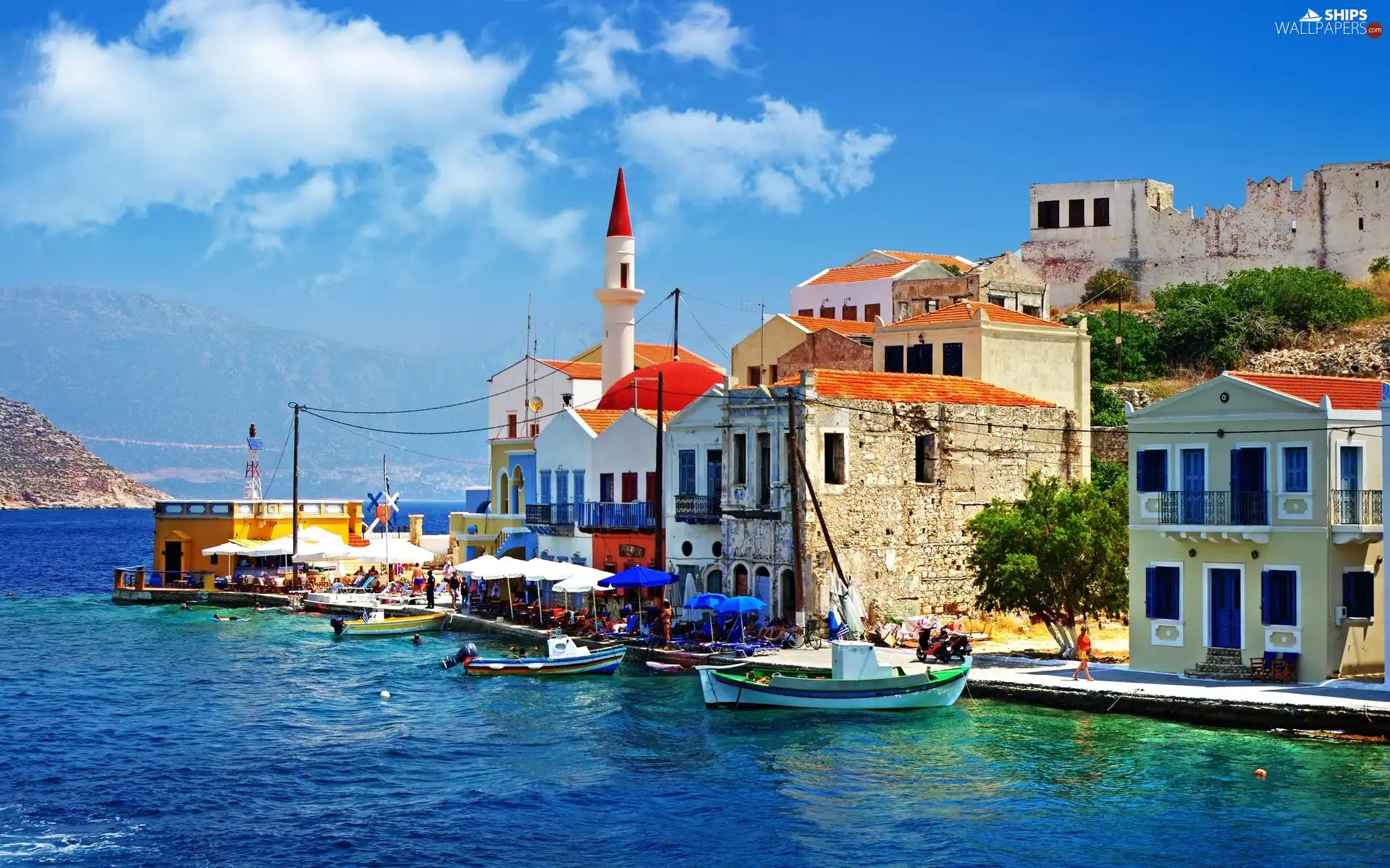 Greece, boats, an, coast, Town
