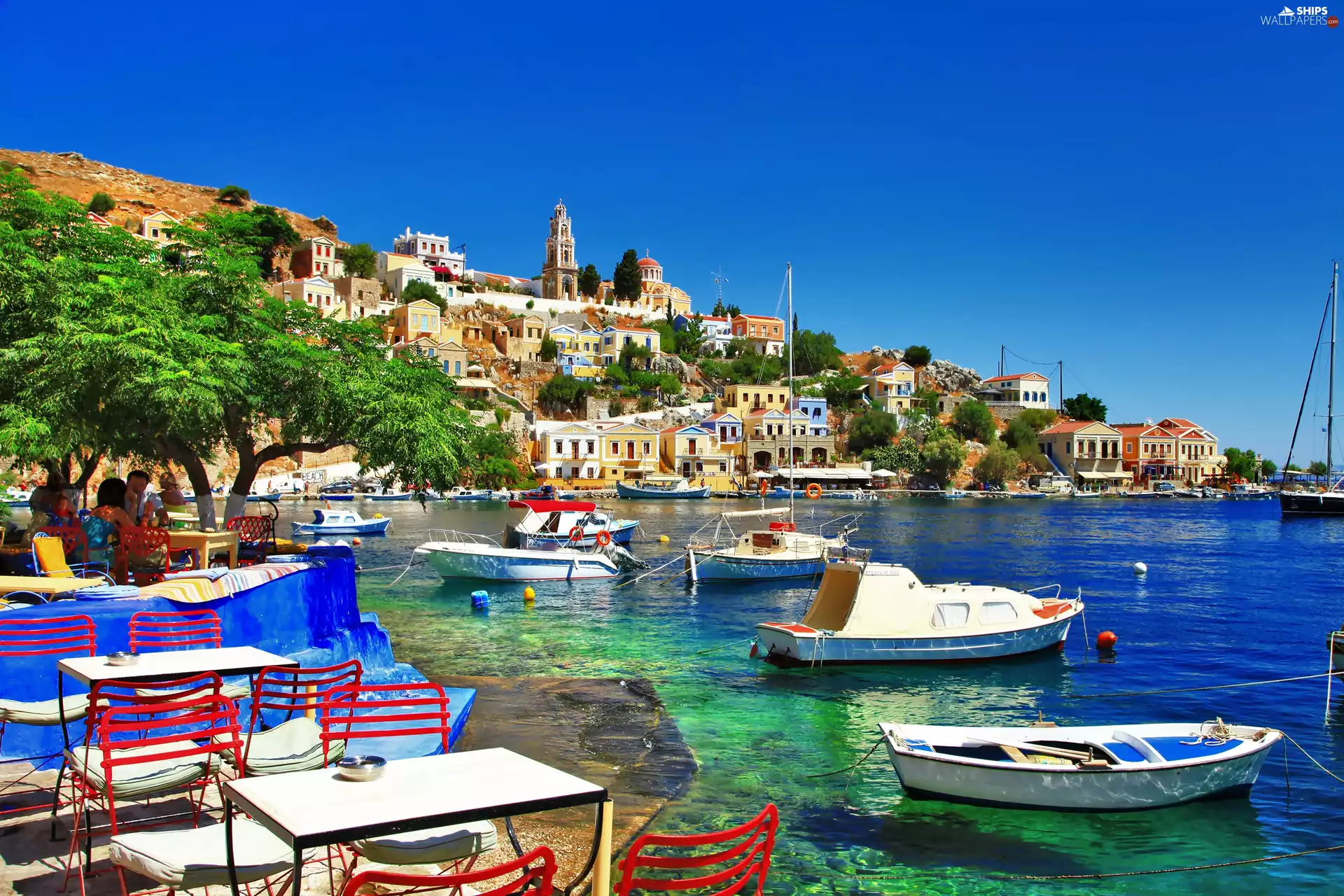 Town, Greece, motorboat, Houses, Boats
