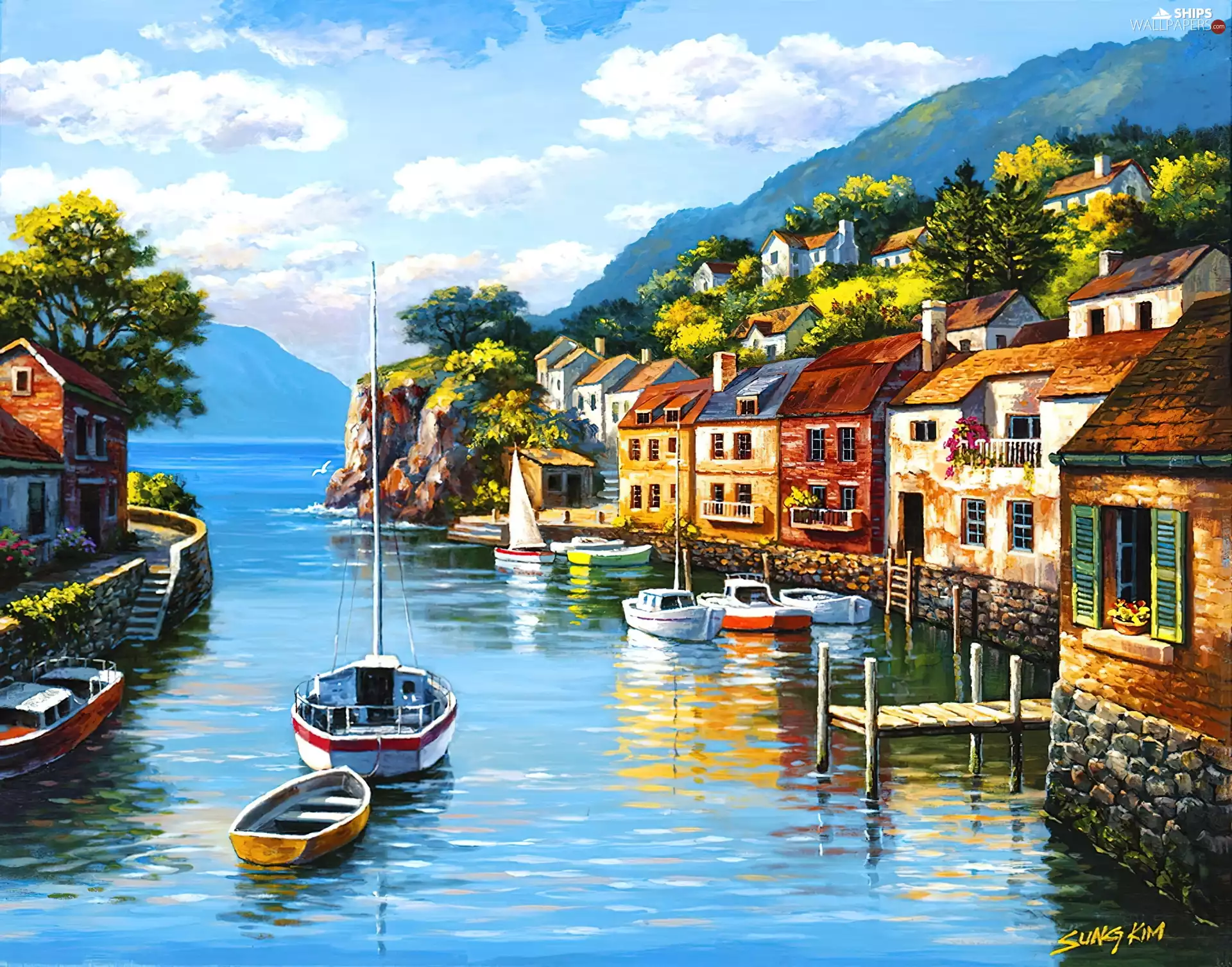 Coast, boats, Houses, Gulf