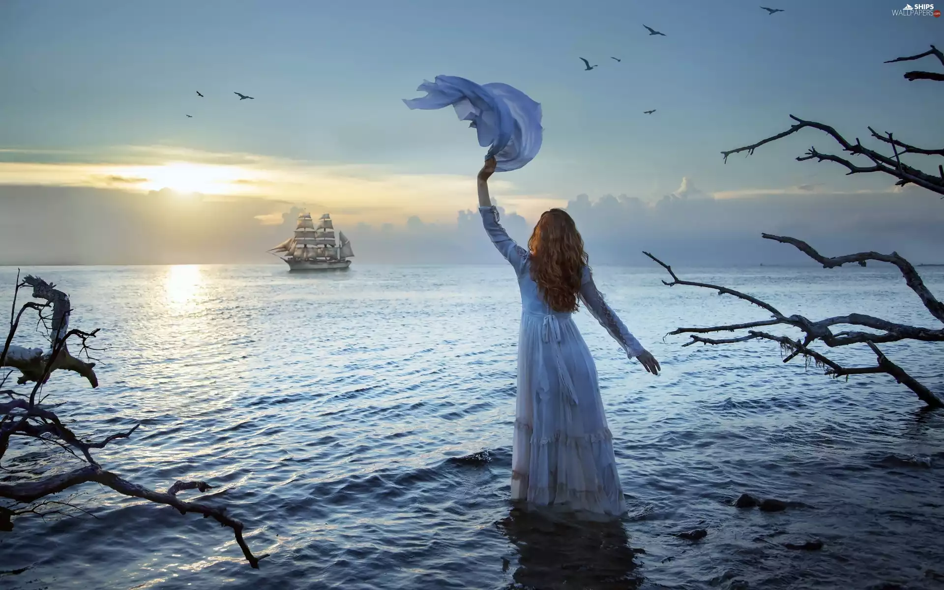 handkerchief, sea, birds, sailing vessel, Women, good-bye, dawn
