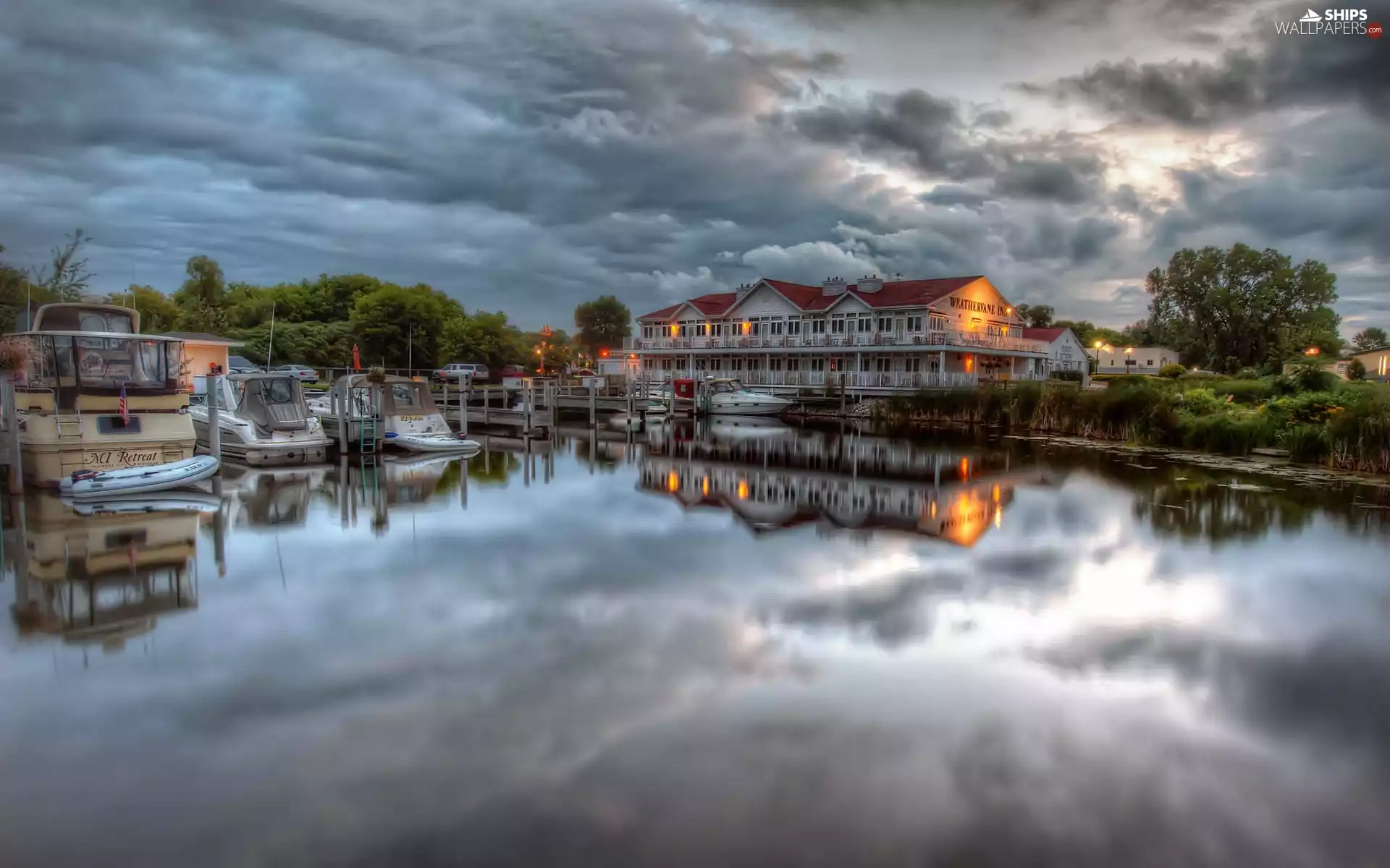 lake, motorboat, Houses, Harbour