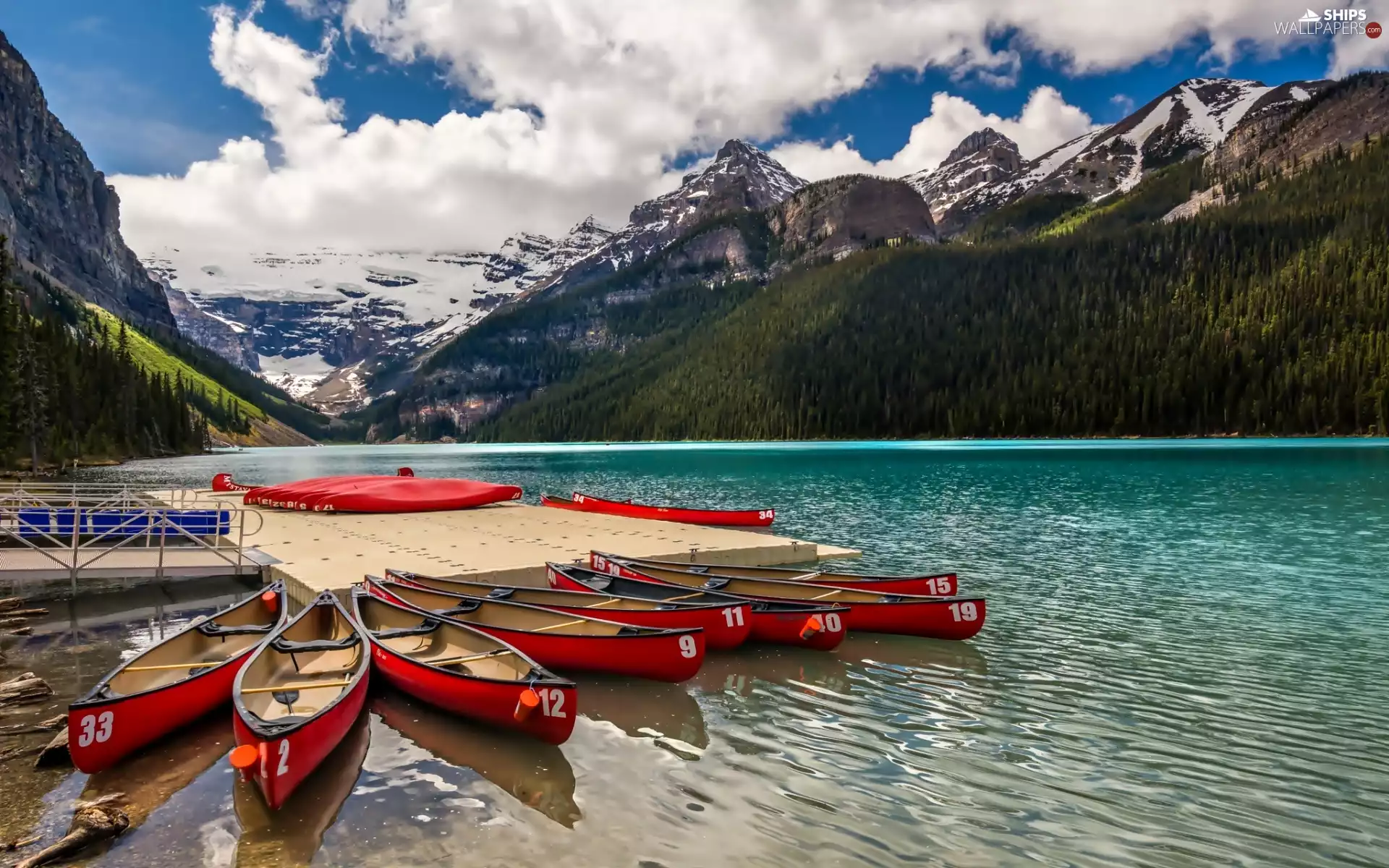 Boats, Harbour, Mountains, lake, Canada