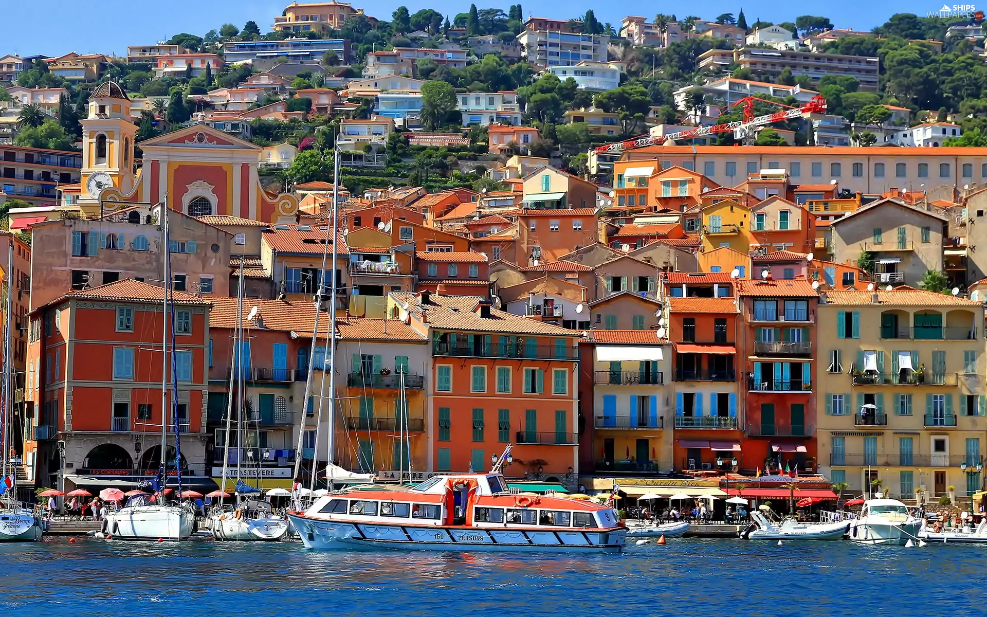 panorama, Riviera, wharf, Hill, French, town, Yachts