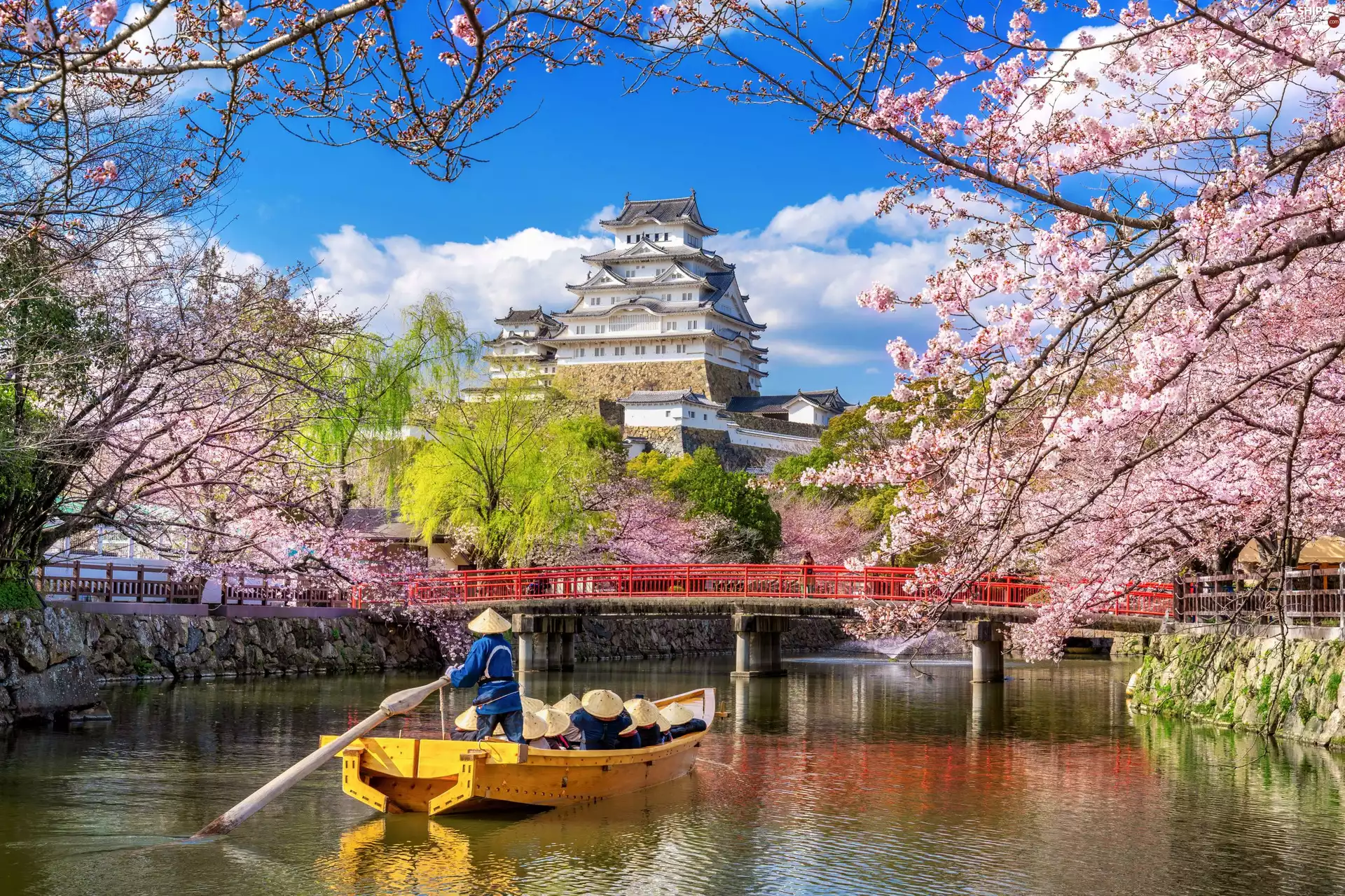 trees, White Heron Castle, Boat, Himeji Village, Spring, Himeji Castle, River, Japan, viewes, flourishing