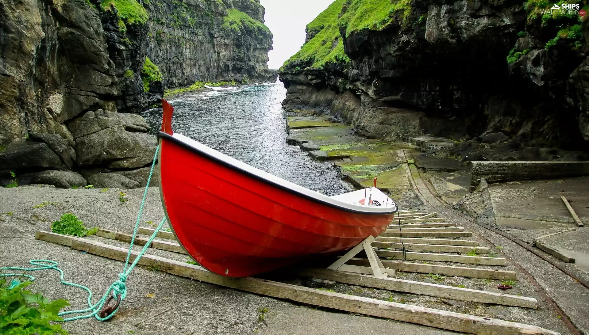 rocks, canyon, red hot, Boat, Faroe Islands