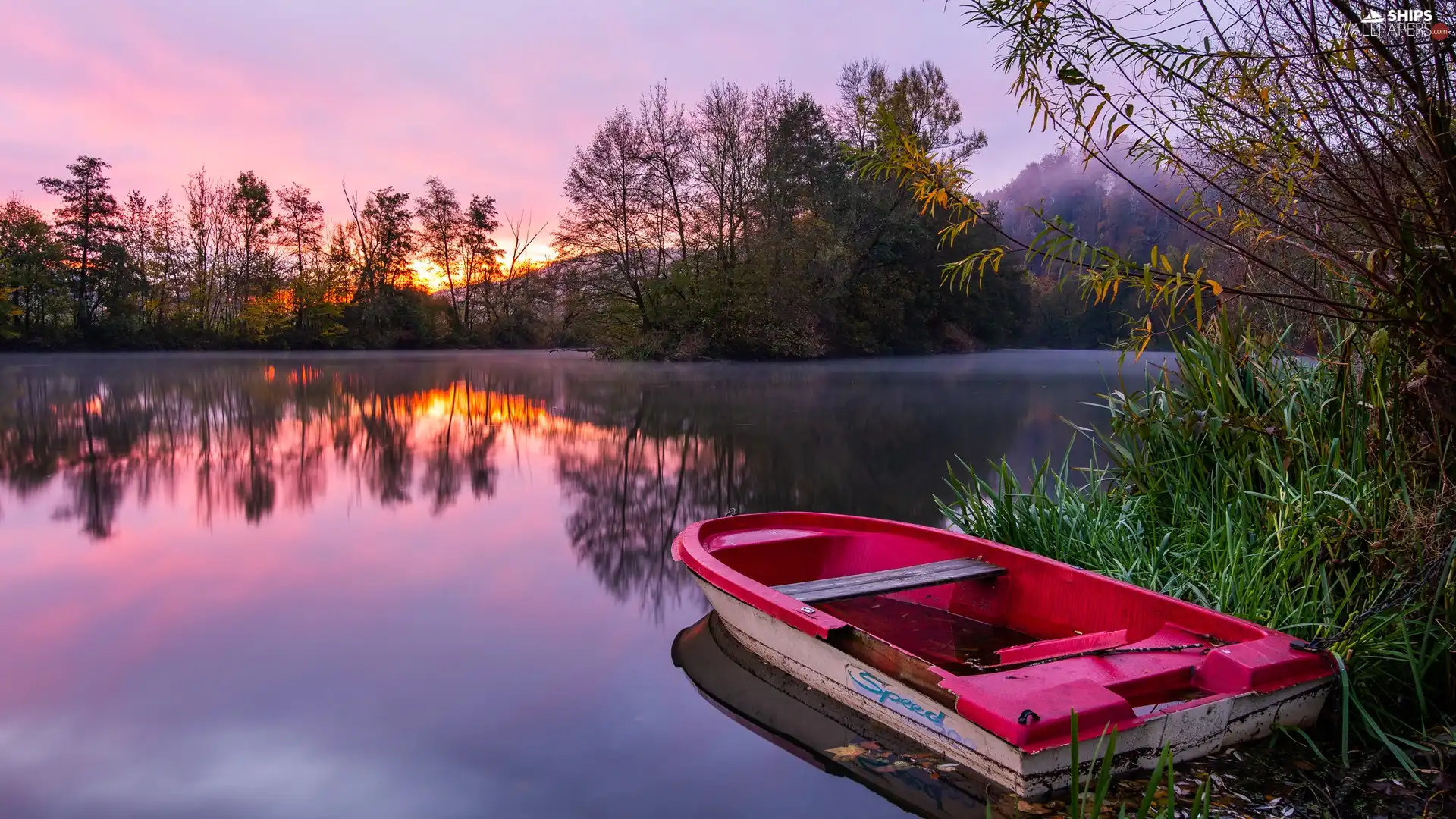 Boat, lake, viewes, Great Sunsets, trees, red hot
