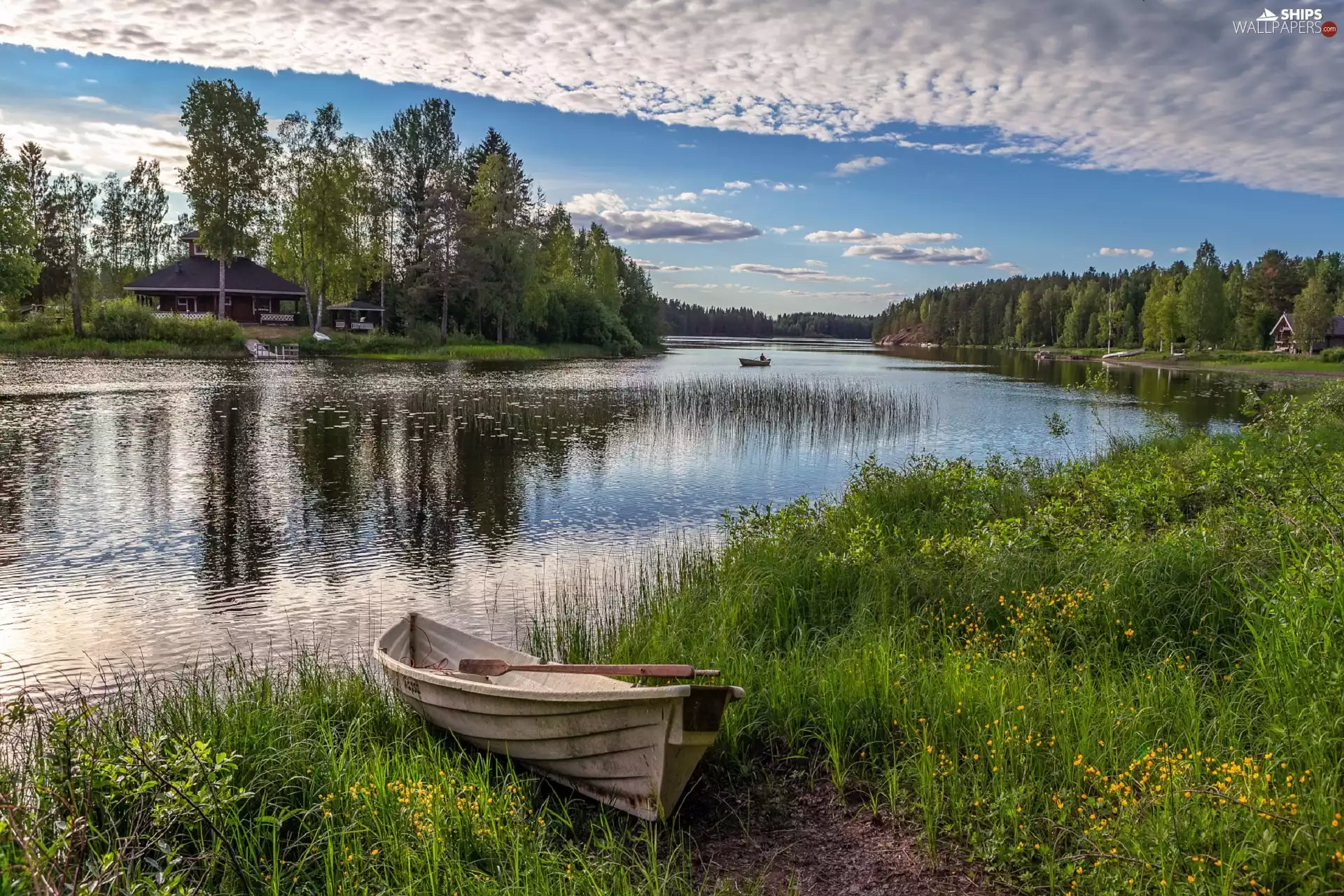 clouds, Houses, Boat, rushes, lake