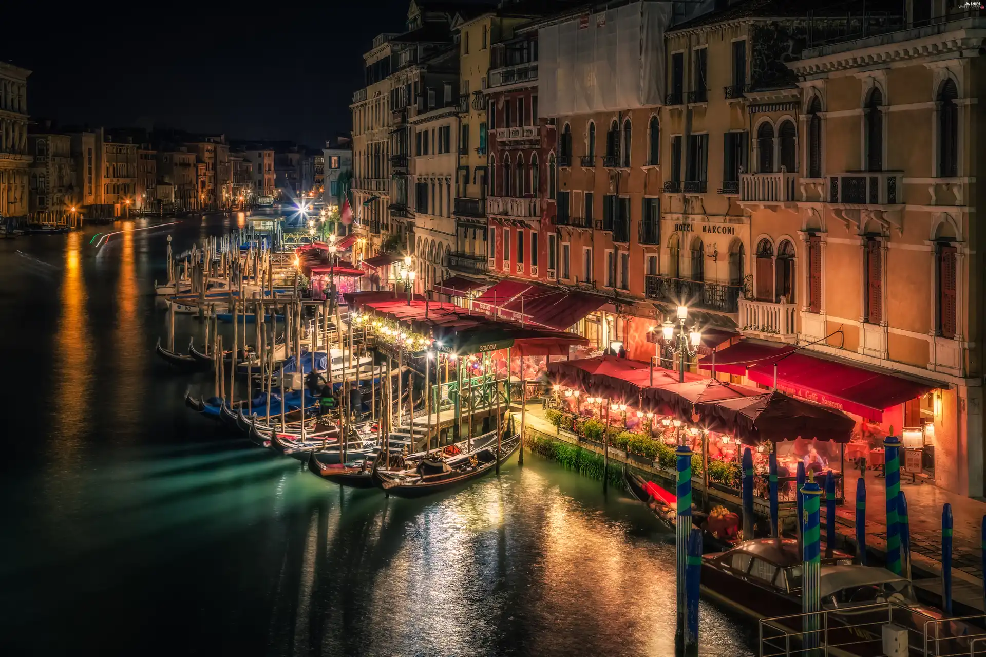 Town, Venice, boats, Houses, Italy, night, Gondolas