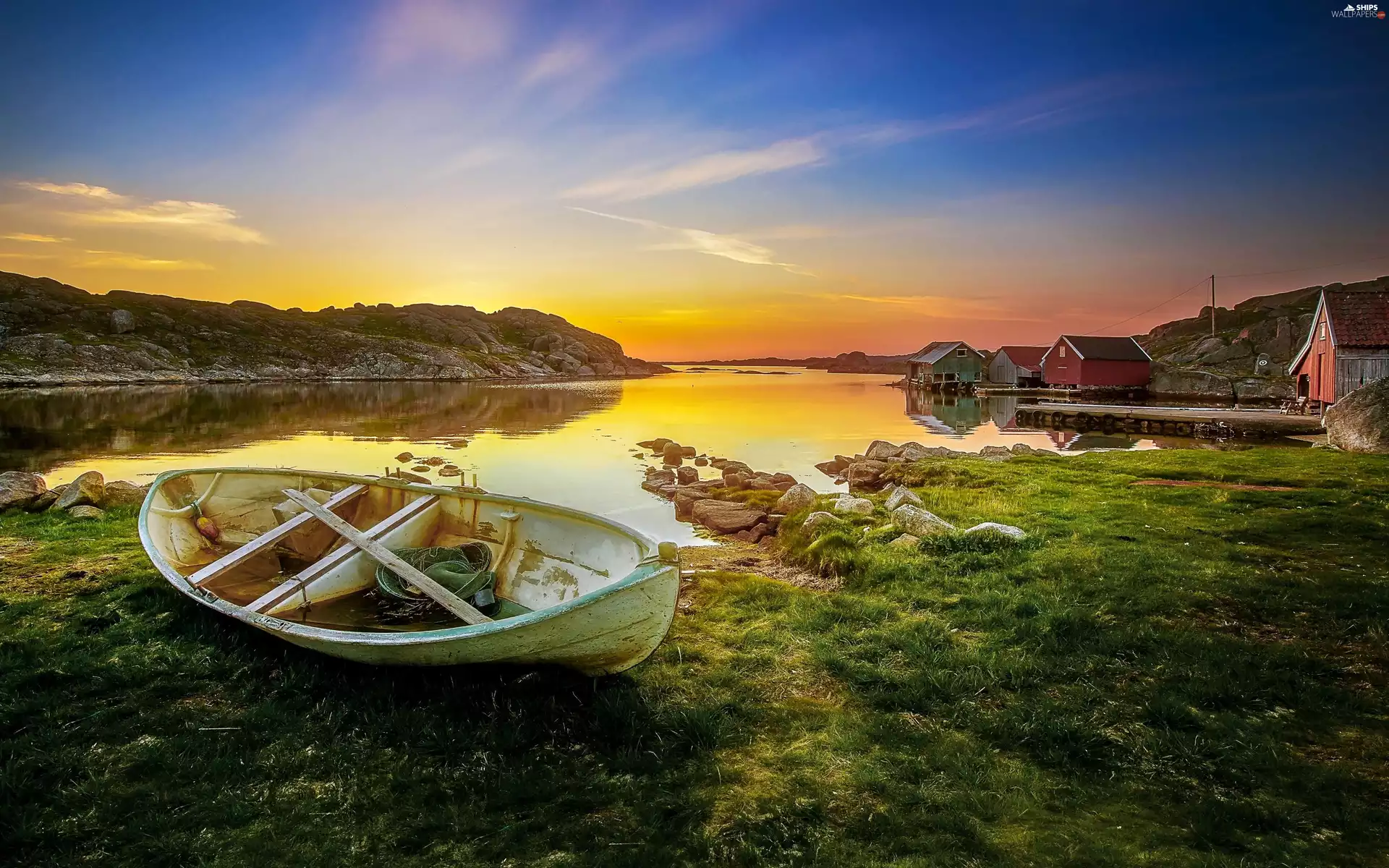 Boat, Houses, east, sun, lake