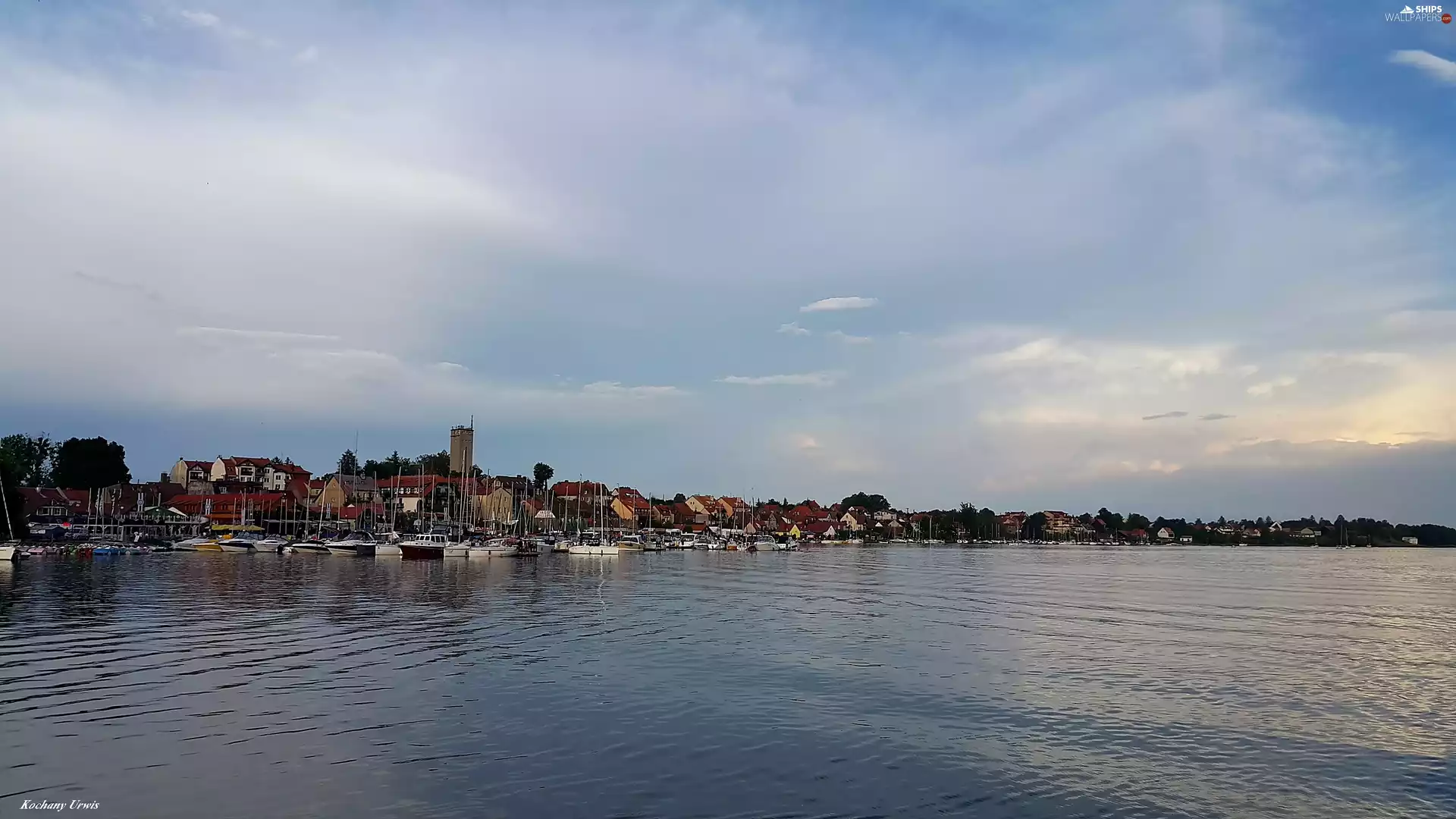 Yachts, Houses, Harbour, motorboat, lake