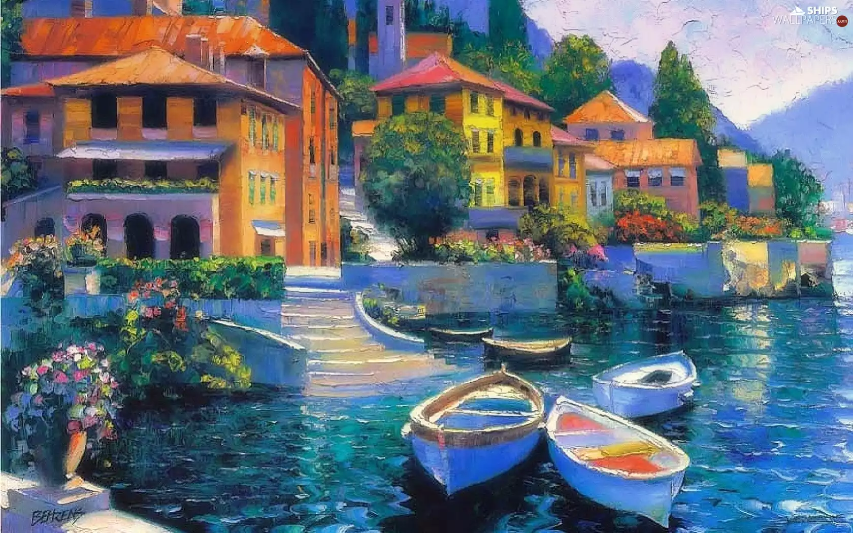 Houses, picture, lake, Houses, painting, Stairs, boats