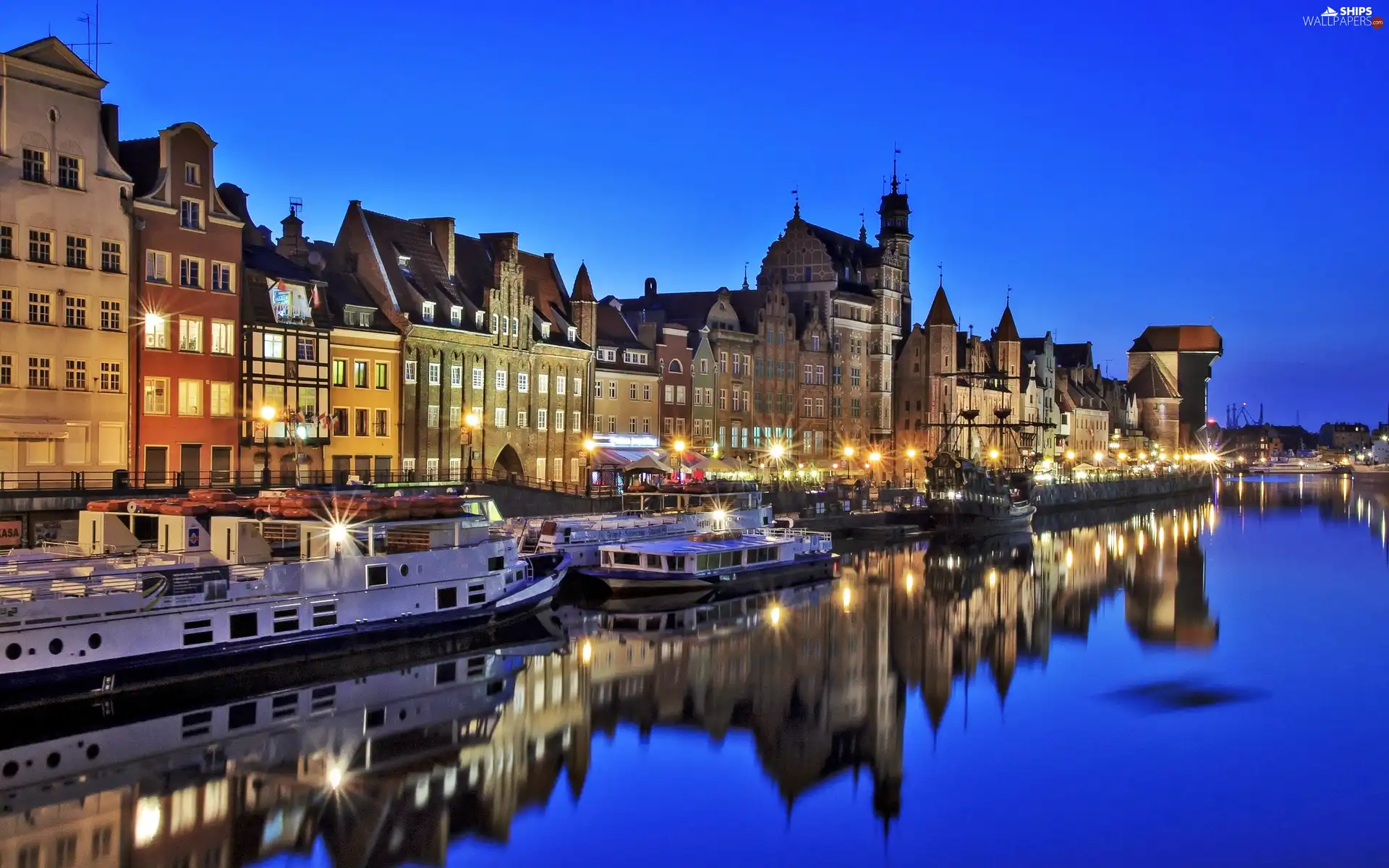 houses, antique, Panorama of Gdansk, crane, nigh, motlawa, River, vessels