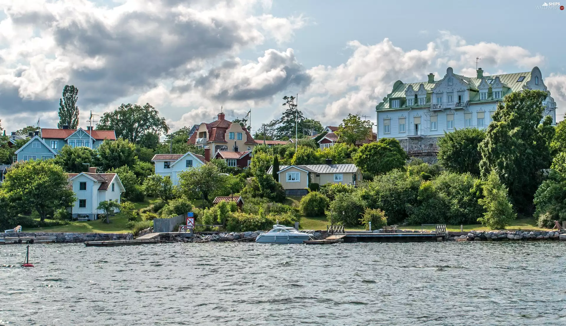 River, Sweden, viewes, Houses, trees, Stockholm