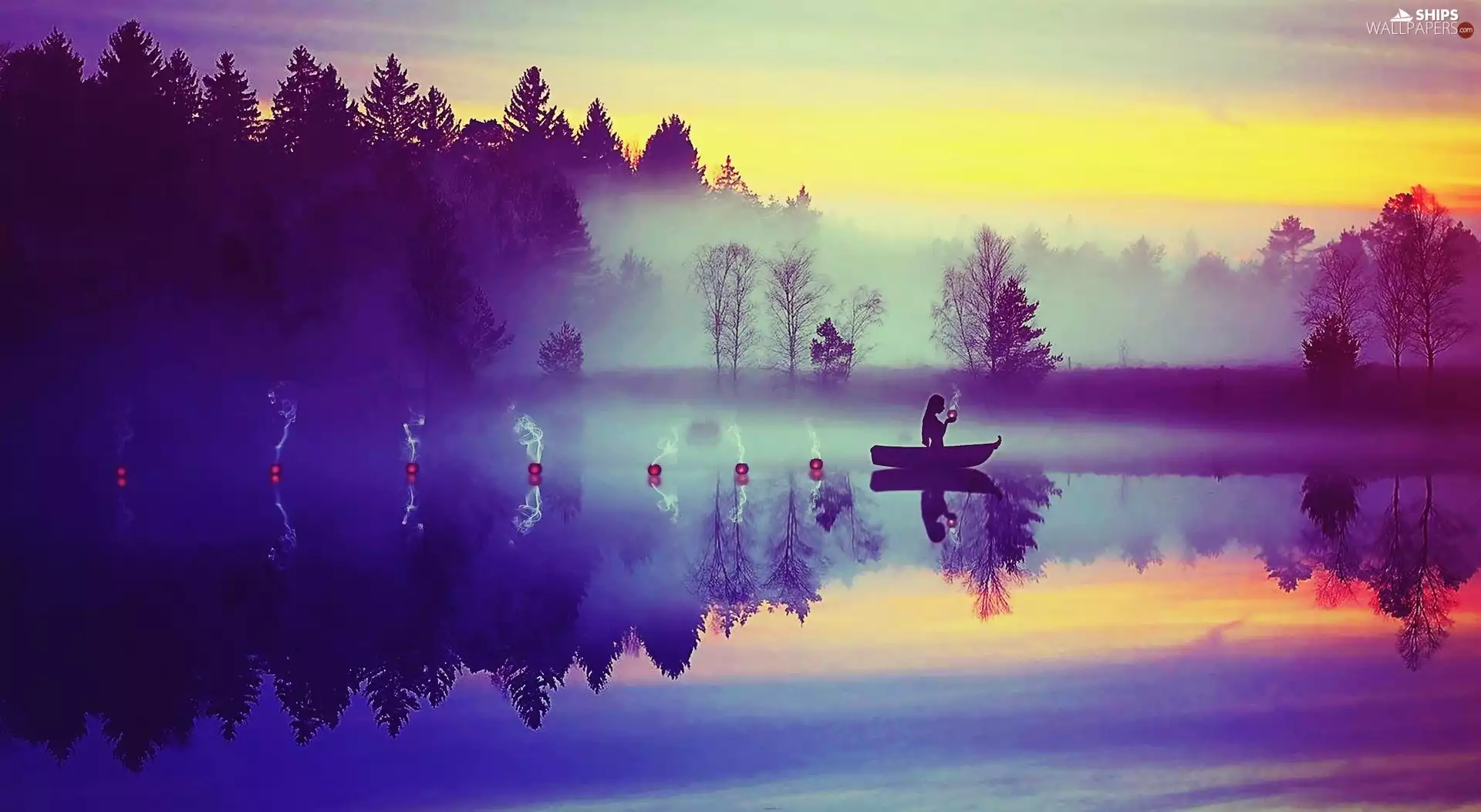 viewes, Fog, sun, Boat, west, trees, lake, Incense