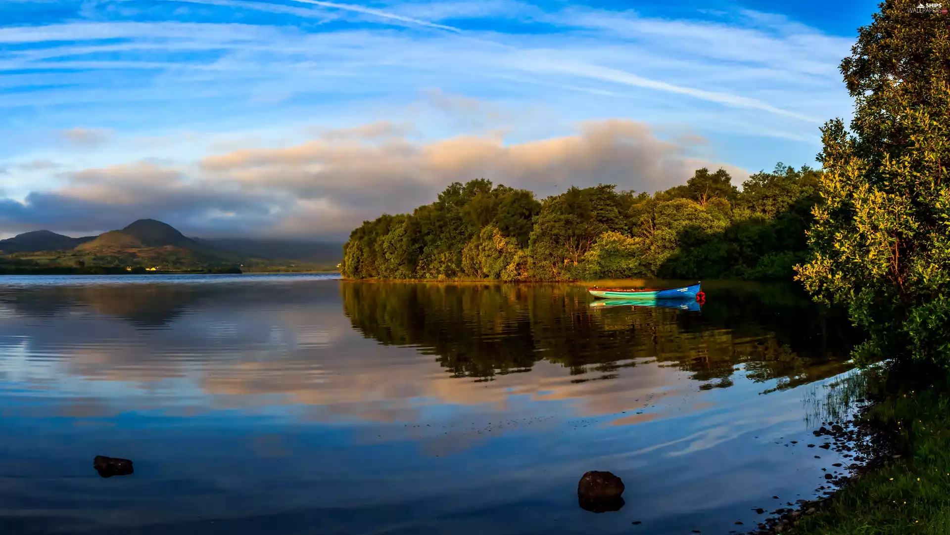 woods, lake, Mayo, Ireland, Mountains, Boat