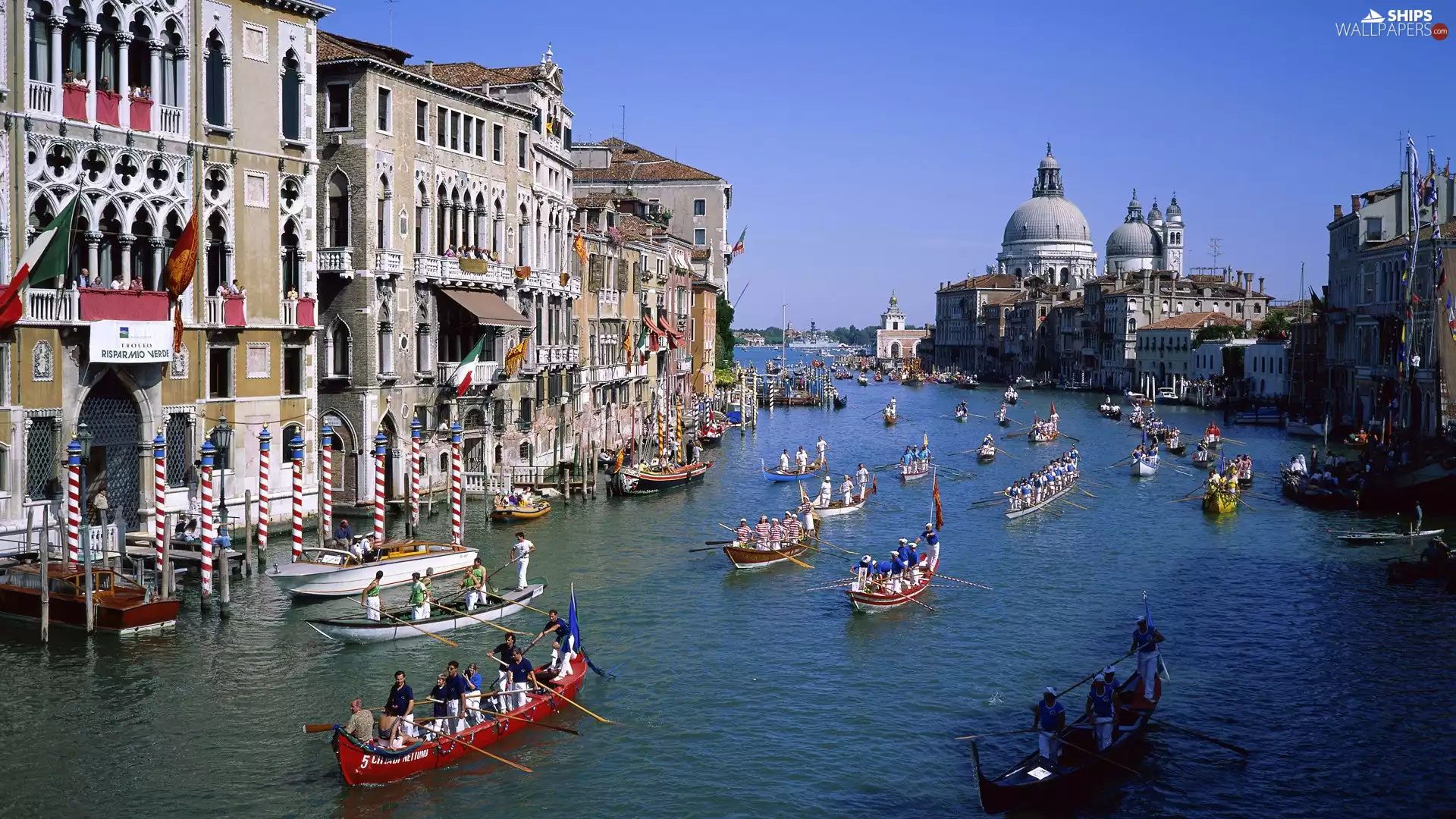 Gondolas, Houses, Venice, Italy, People, Churches