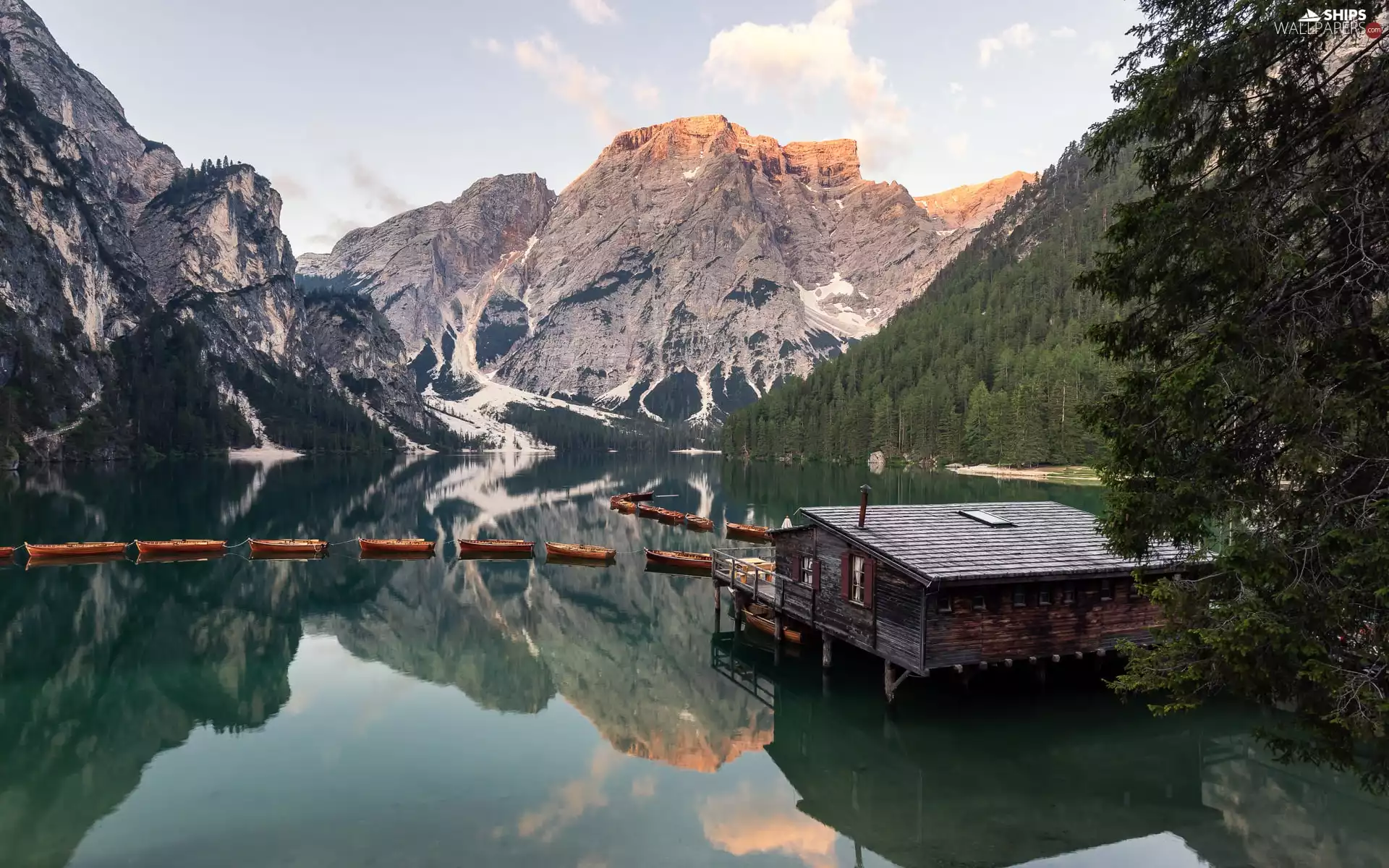 Dolomites, Mountains, wooden, trees, Pragser Wildsee, Home, woods, Italy, boats, viewes, lake, South Tyrol