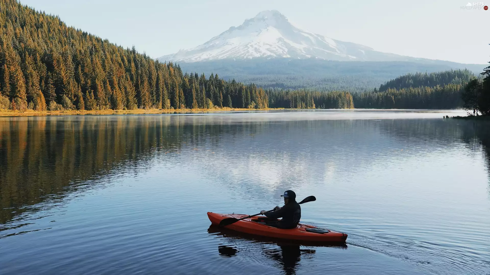 lake, mount, a man, forest, mountains, Sunrise, Kayak