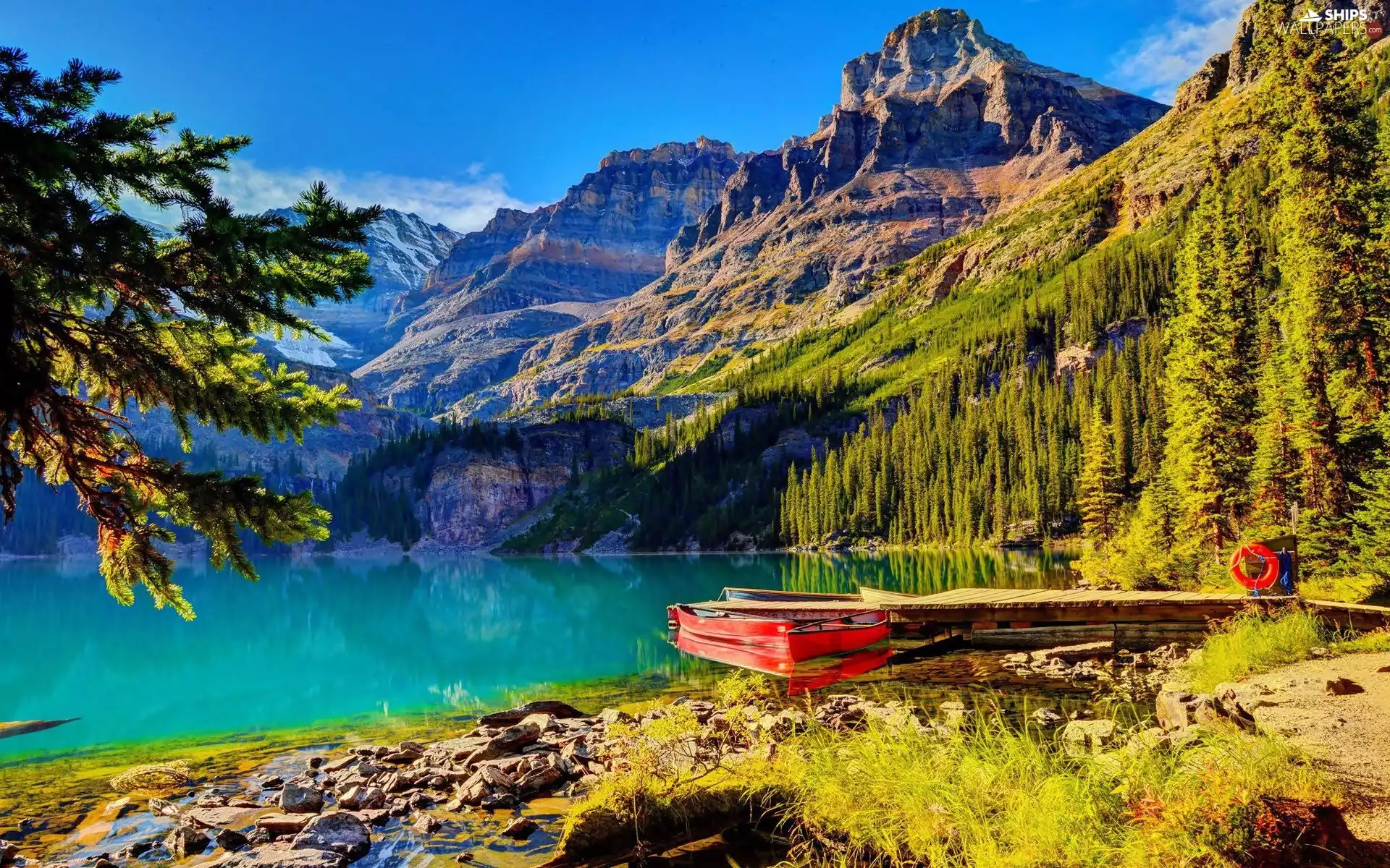 trees, lake, Platform, Kayak, viewes, Mountains